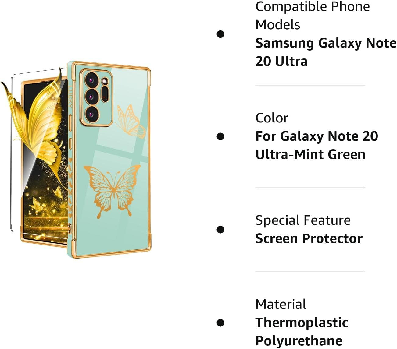 Coralogo for Samsung Galaxy Note 20 Ultra Case Butterfly for Women Girls Girly Pretty Phone Cases Cute Mint Green Gold Plating Butterflies Design with Screen Aesthetic Cover for Note 20 Ultra 5G 6.9"  Coralogo   