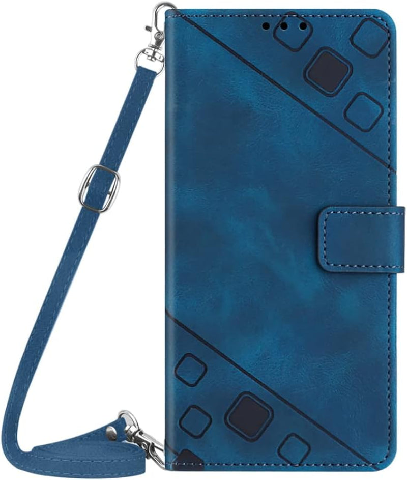 NVWA Compatible with Sony Xperia 1 V Case Wallet with Credit Card Slots Kickstand Wrist Strap and Long Lanyard Blue Leather Crossbody Protective Cover with Embossed Design  NVWA   