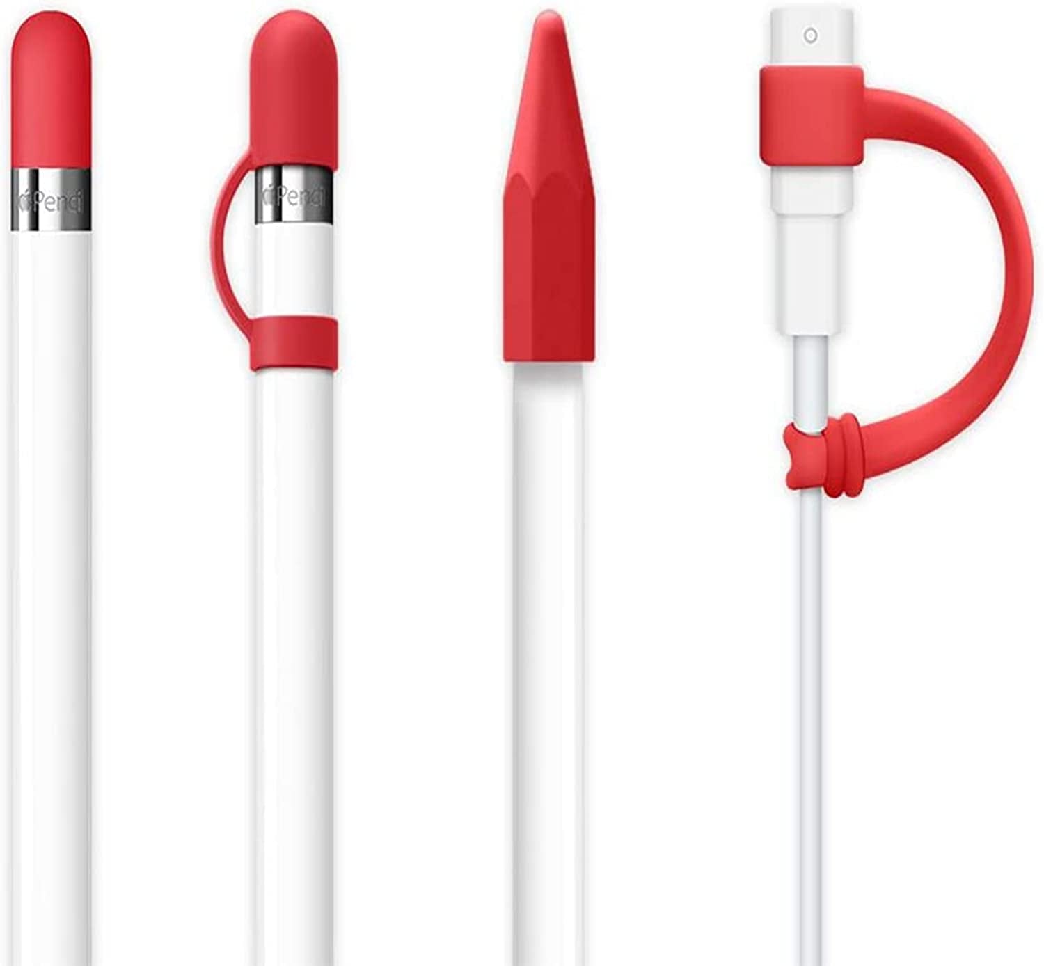 Siduater [4-Pack] Silicone Protective Accessories for Apple Pencil 1St Generation, Includes 1 Apple Pencil Cap Replacements, Apple Pencil Cap Holder, Apple Pencil Tip Cover, Adapter Tether - White  siduater Red  