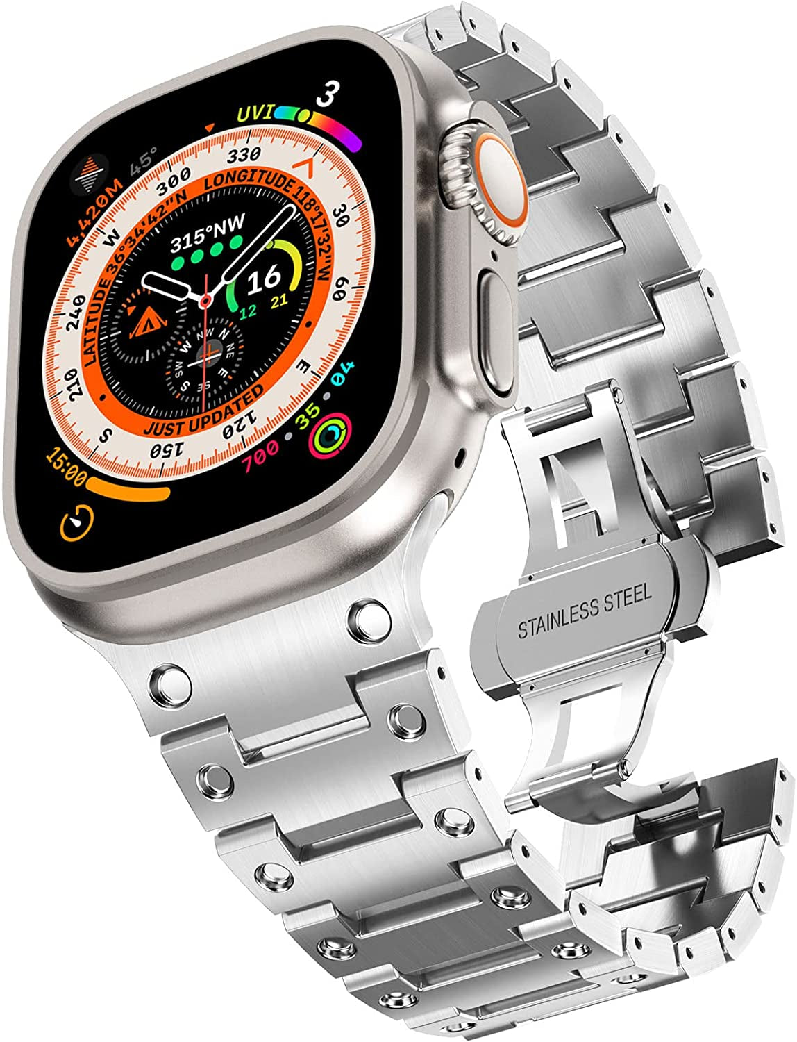 CHANCHY Stainless Steel Band for Apple Watch Ultra Band 49Mm 45Mm 44Mm 42Mm 38Mm 40Mm 41Mm, Metal Strap with Folding Clasp for Apple Watch Series 8 7 6 5 4 3 2 1 SE Men (Black, 49Mm 45Mm 44Mm 42Mm)  CHANCHY CASI-Silver 38mm/40mm/41mm 