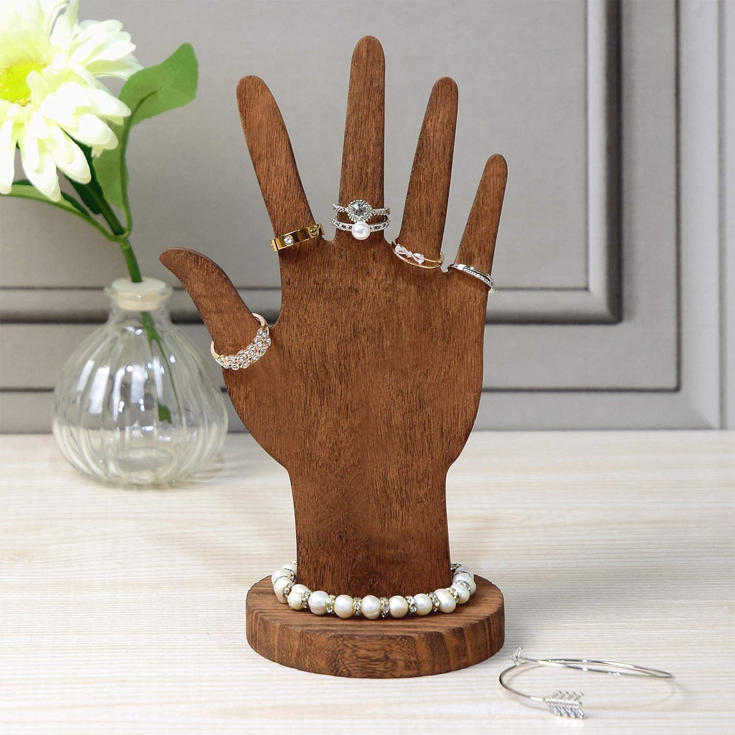 MOOCA 6 Pcs Set Wooden Hand Form Jewelry Display Bracelet Ring Stand Holder, Wooden Mannequin Finger Hand Display, Wooden Hand Jewelry Display Holder, Brown  MOOCA   