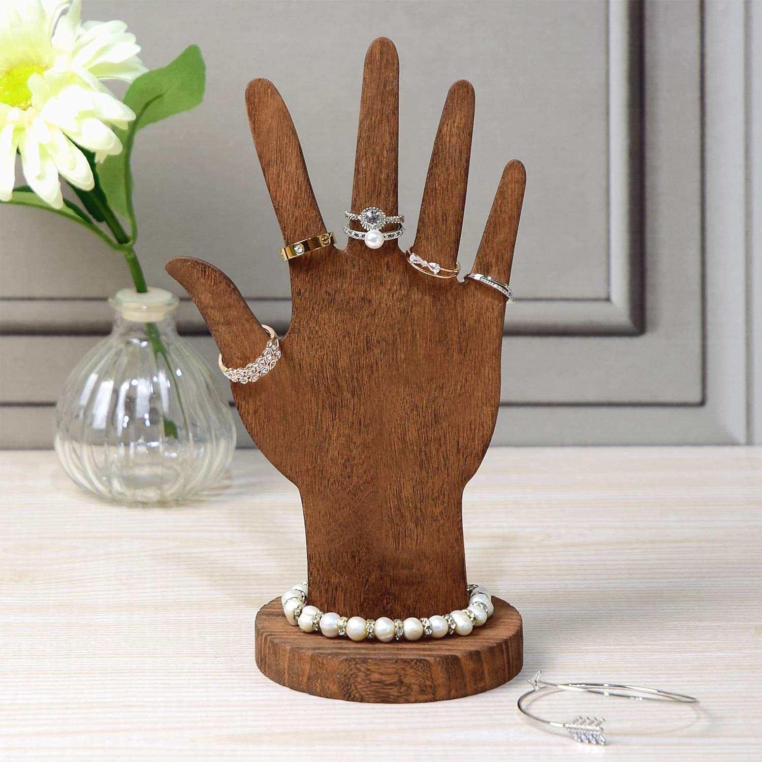 MOOCA 6 Pcs Set Wooden Hand Form Jewelry Display Bracelet Ring Stand Holder, Wooden Mannequin Finger Hand Display, Wooden Hand Jewelry Display Holder, Brown  MOOCA   