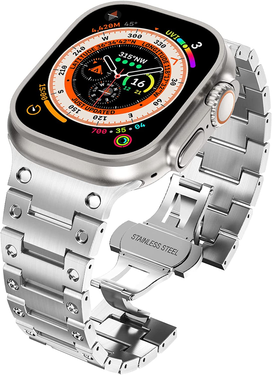 WINGLE Compatible for Apple Watch Ultra Band 49Mm 44Mm 45Mm 42Mm Series 8 7 Men, Stainless Steel Band Metal Strap Wristband for Apple Watch Iwatch Ultra SE 6 5 4 3 2 1 Link Women, Titanium  WINGLE Silver Color Ultra 49mm/45mm/44mm/42mm 