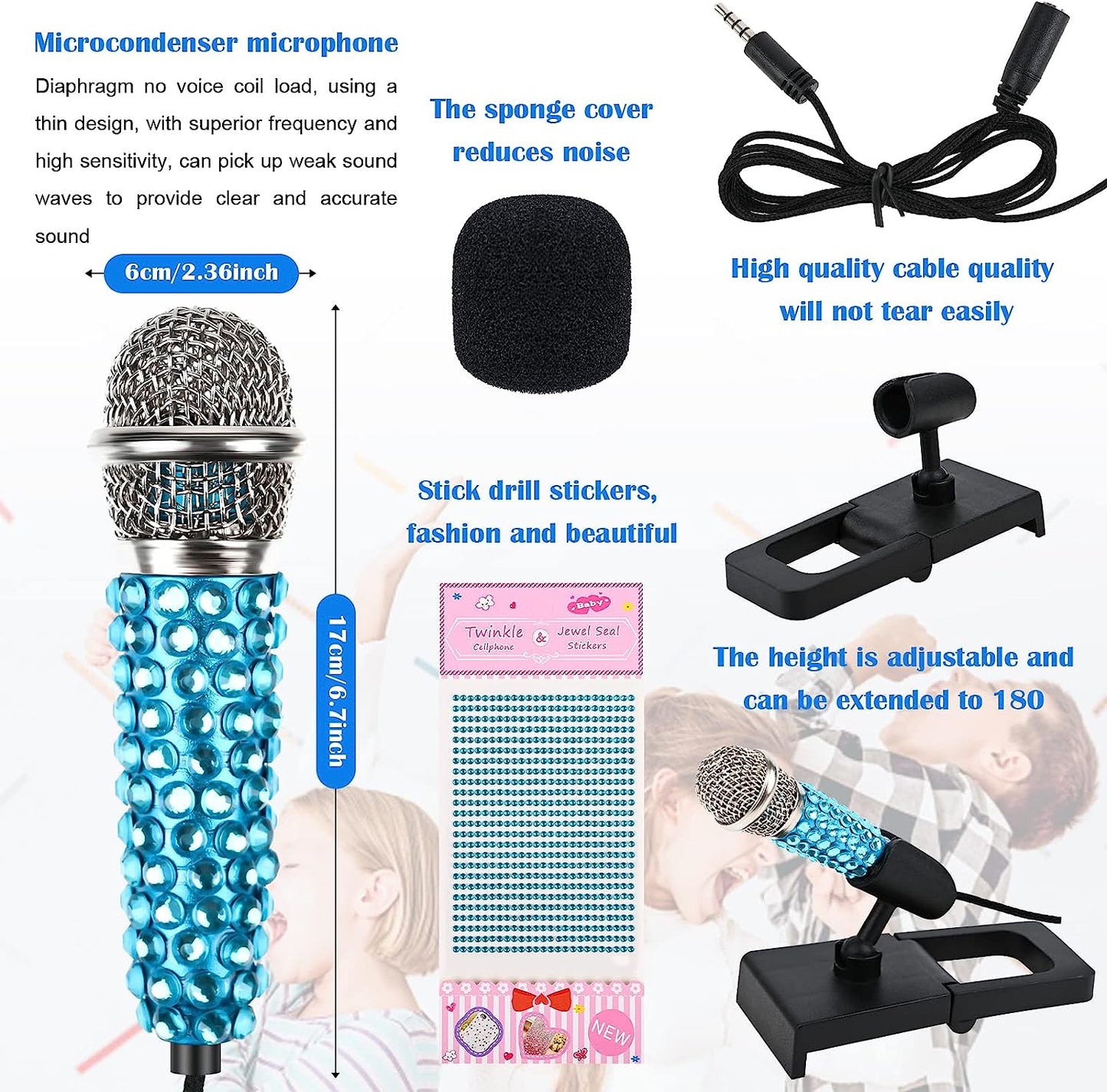 4PCS Mini Microphone Portable Vocal Instrument Tiny Microphone Asmr Karaoke Microphone with Clip Stand | 4 PCS Rhinestone Stickers | 3.5Mm Audio Connector for Iphone Android Smart Phone Laptop  Yoiemivy   
