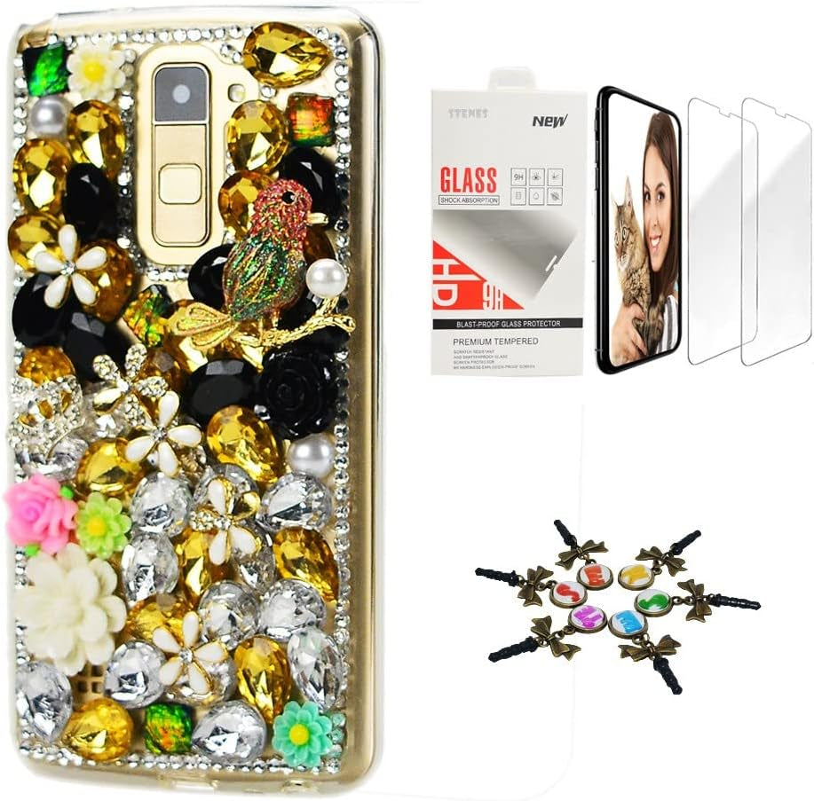 STENES Bling Case Compatible with LG V40 Thinq - Stylish - 3D Handmade [Sparkle Series] Rhinestone Pretty Cat Crown Rose Flowers Design Cover with Screen Protector [2 Pack] - Blue  STENES Sparky Night Owl Crown Rose Flowers / Gold Design For Lg Stylo 4 