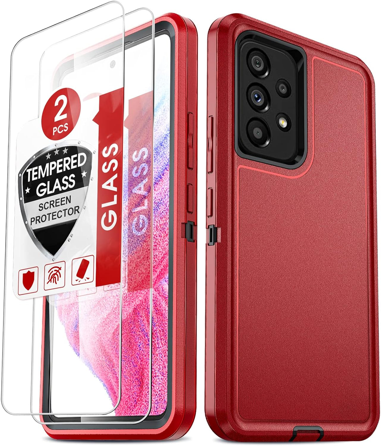 Leyi for Galaxy A53 5G Case: 3-In-1 Rugged Defender Protection with 2 Tempered Glass Screen Protectors, Shockproof & Dustproof - Black  LeYi Red/Black  