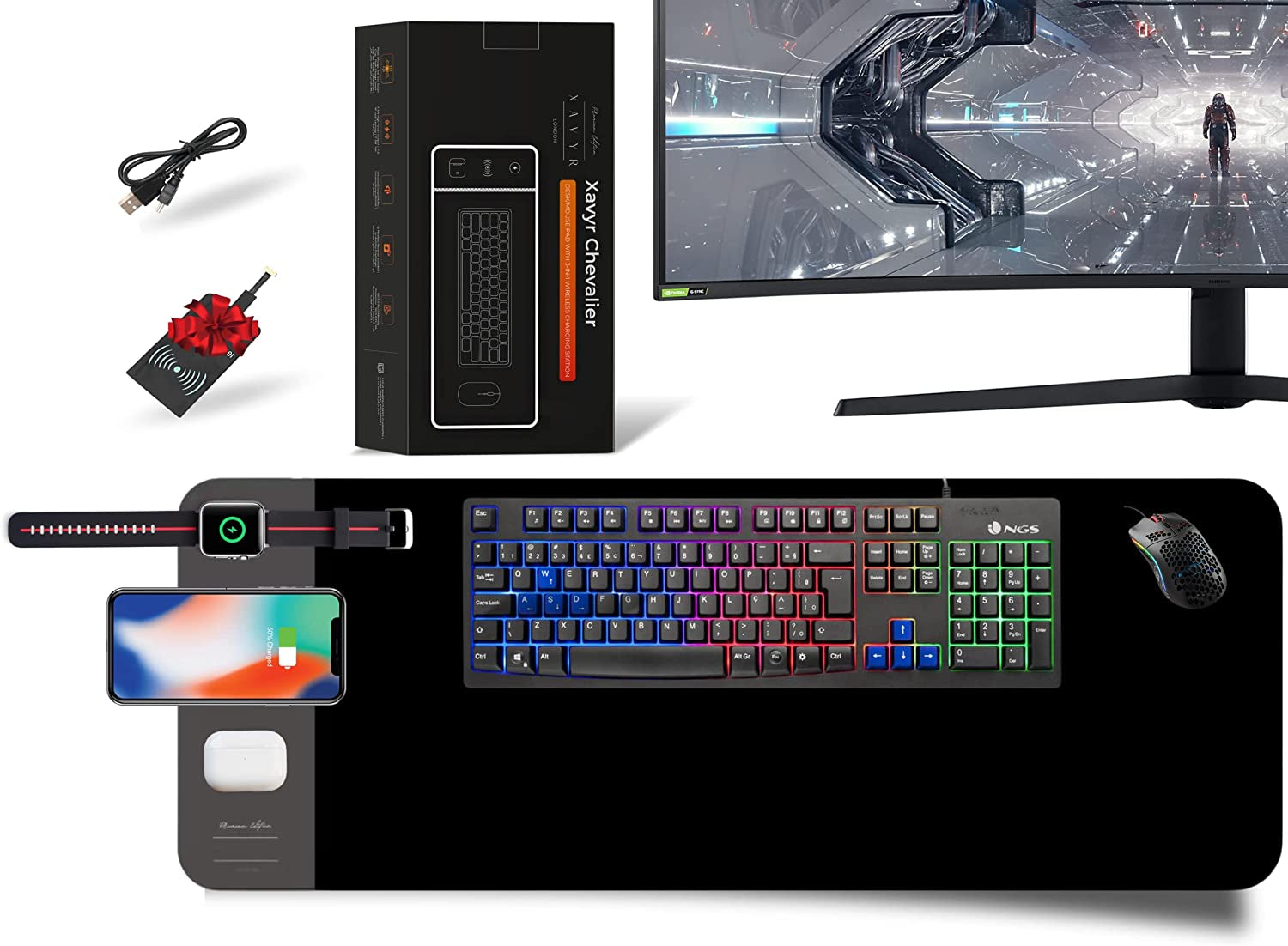 Xavyr Gaming XL Mousepad Deskpad with 3-In-1 Qi Wireless Charger 80 X 30 X 0.4 Cm for Smartphone, Smartwatch & Earbuds Can Charge All 3 Devices Altogether. Free Qi Wireless Receiver  Shenzen Kingsoil   