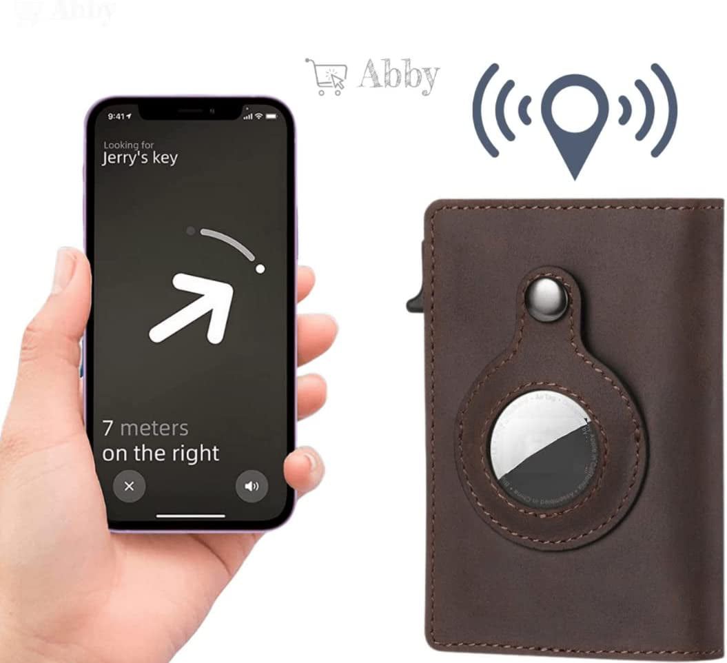 Abby'S Anti-Lost Slim Leather Airtag Wallet with Apple Airtag Case (Cocoa Brown) RFID Protection, Smart Thin Minimalist Pop up Credit Card Airtag Holder Trackable Wallet  ABBY   