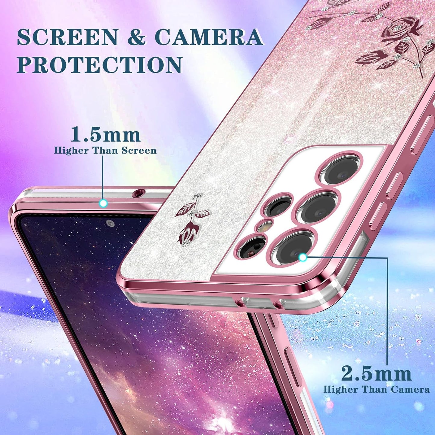 Coralogo (3In1 for Samsung Galaxy S21 Ultra Case Glitter Sparkly for Women Girls Sparkle Girly Bling Shiny Cover Cute Flowers Flora Unique Design with Ring Pretty Cases for Galaxy S21 Ultra 5G 6.8''  Coralogo   