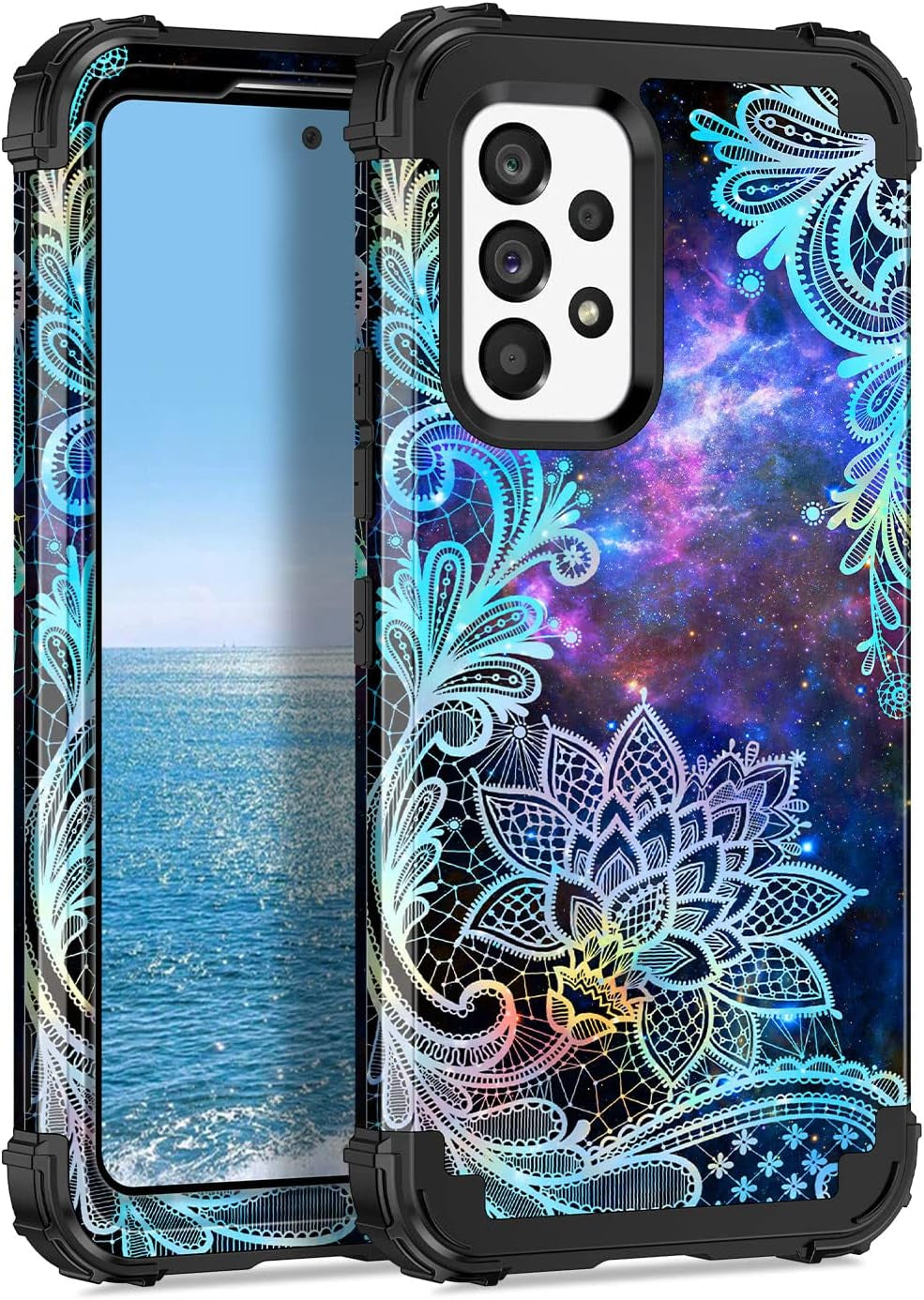 Casetego Compatible with Galaxy A53 5G Case,Floral Three Layer Heavy Duty Sturdy Shockproof Full Body Protective Cover Case for Samsung Galaxy A53 5G,Blue Flower  Casetego Blue  