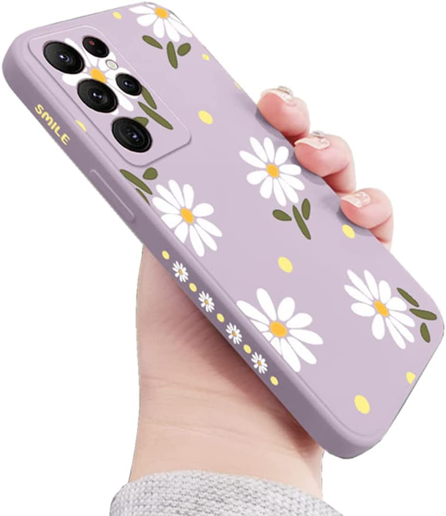 Sunswim Compatible with Galaxy S21 Ultra Case Cute Daisy Pattern Camera Lens Protection Shockproof TPU Bumper Liquid Silicone Protective Cover Phone Cases for Samsung Galaxy S21 Ultra 5G 6.8"-Black  Sunswim Purple  