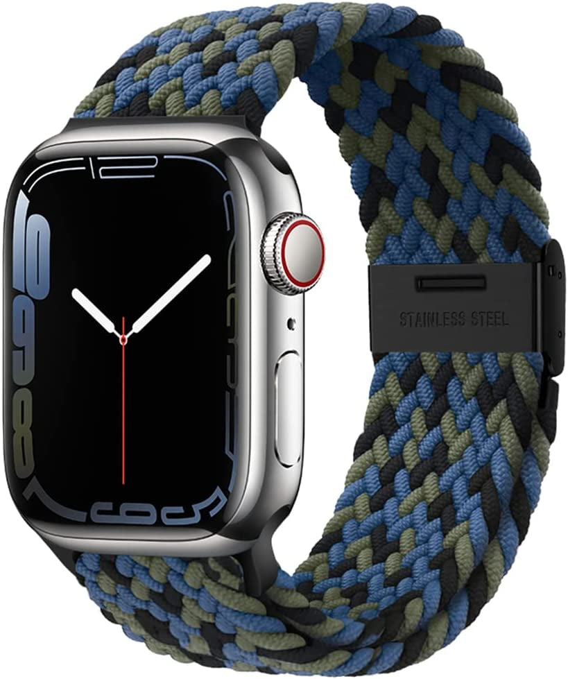 Qimela Compatible with Apple Watch Band 49Mm 45Mm 44Mm 42Mm,Stretchy Sport Solo Loop Strap with Adjustable Buckle,Elastic Nylon Braided Wristband for Iwatch Series 8 7 6 SE 5 4 3 2 1 Ultra,Women Men  FS-TECH Cam-Blue 42mm/44mm/45mm/49mm 