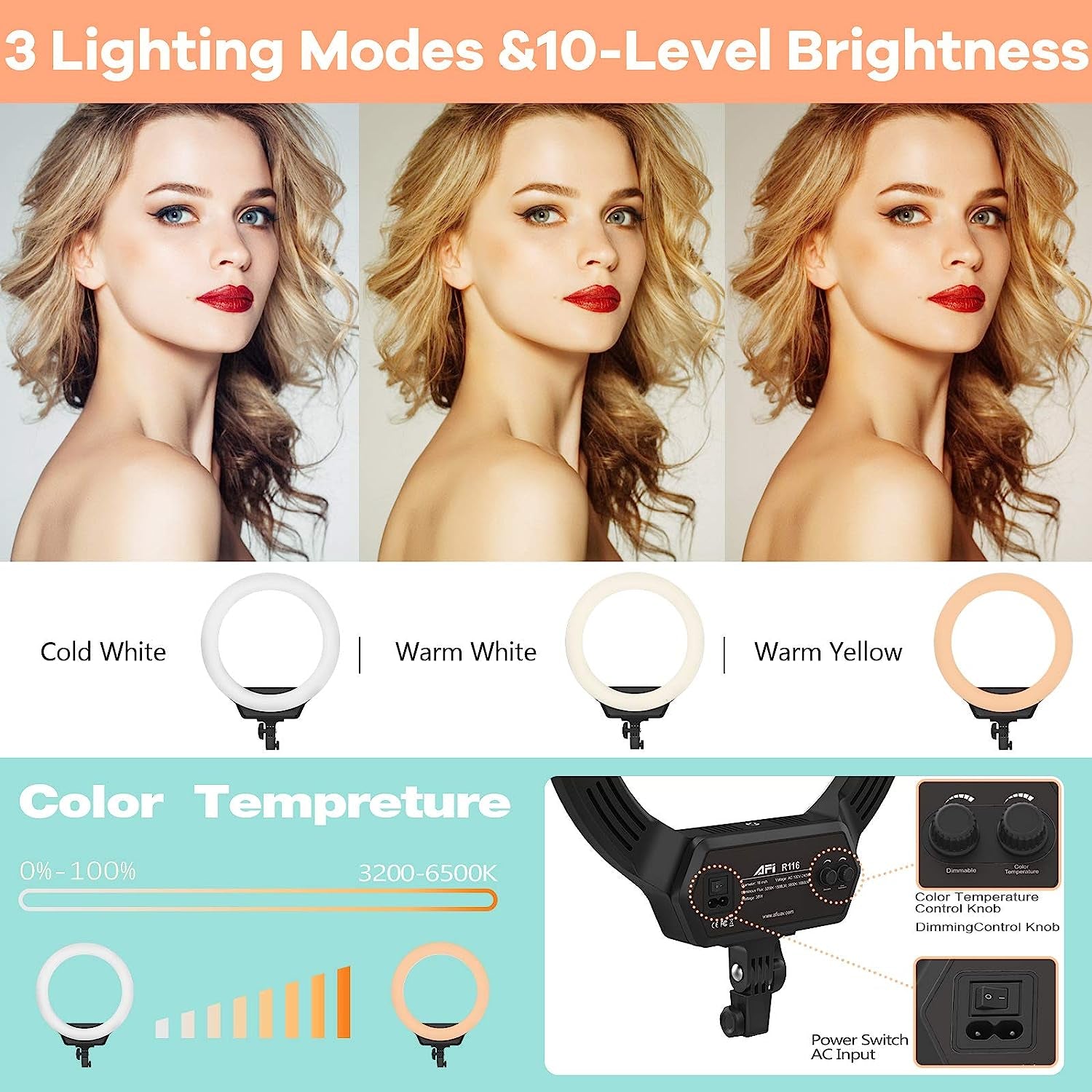 AFI 16" Selfie Ring Light with 3 Color Modes 79" Extendable Tripod Stand Phone Camera Holder, 320 Bulbs 6500K 10 Brightness Dimmable LED Carrying Bag for Photography Makeup Live Youtube Video Tiktok  AFI   