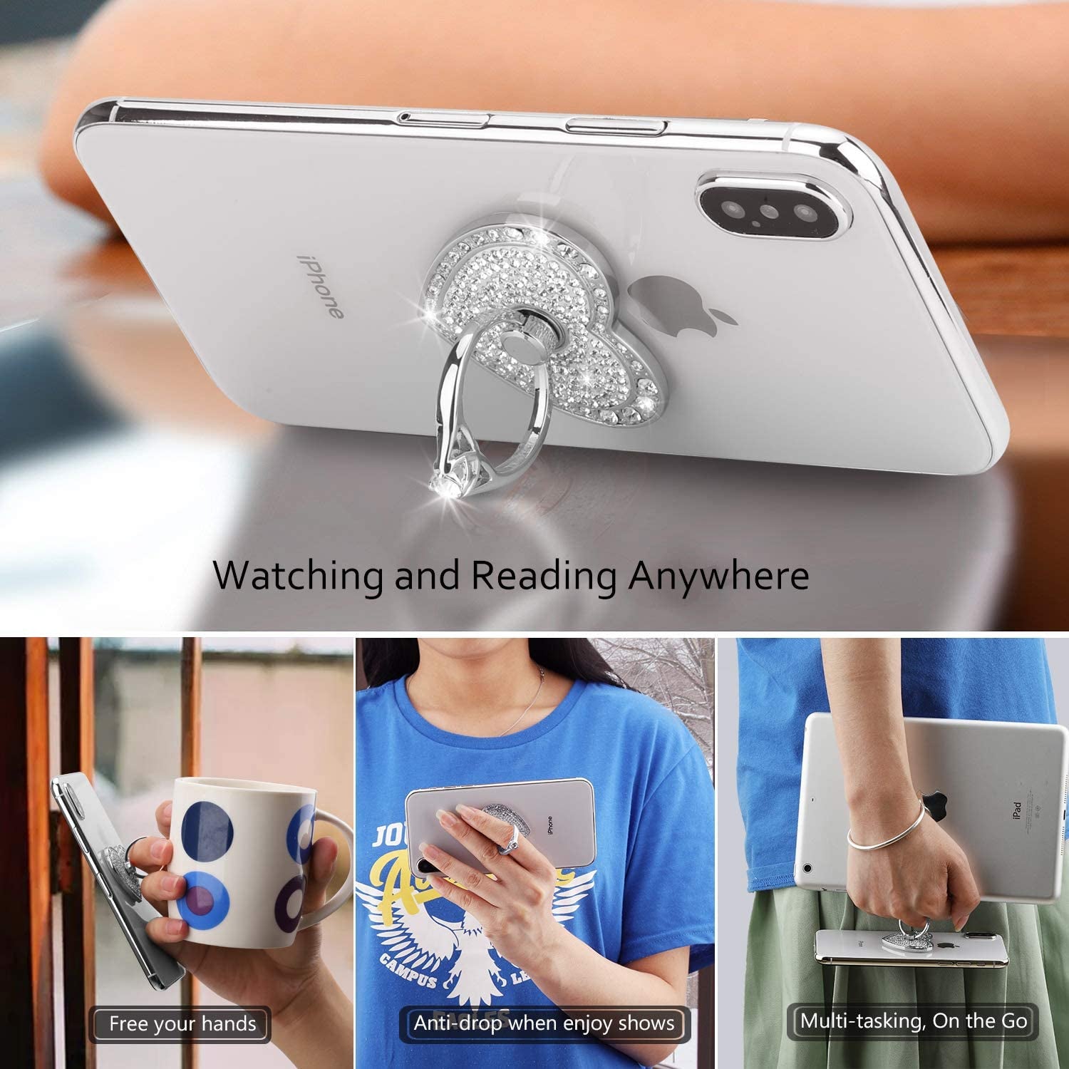 Cell Phone Finger Ring Stand with Sparkly Diamond, Nsiucion Heart Phone Ring Kickstand Holder [Washable] [Removable], 360°Rotation Zinc Alloy Ring Grip Stand for All Phones and Tablets (Silver)  Nsiucion   