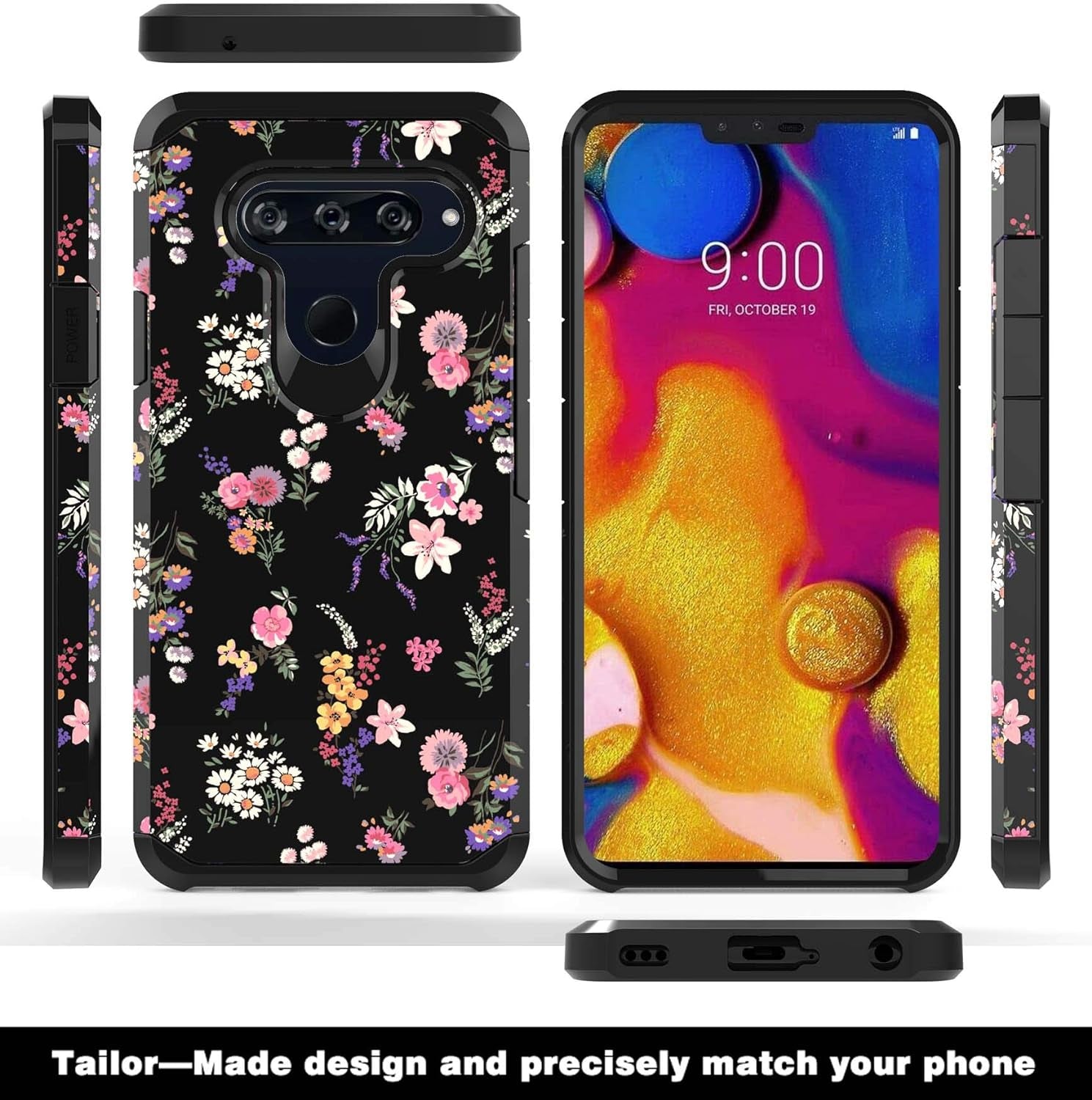 Shinymax Protective Phone Case for LG V40/LG V40 Thinq,Flowers Design Heavy Duty Hybrid Dual Layer Armor Cover Cute Flexible Sturdy Anti-Scratch Shockproof Bumper Case for Women and Girls-Floral/Black  ShinyMax   