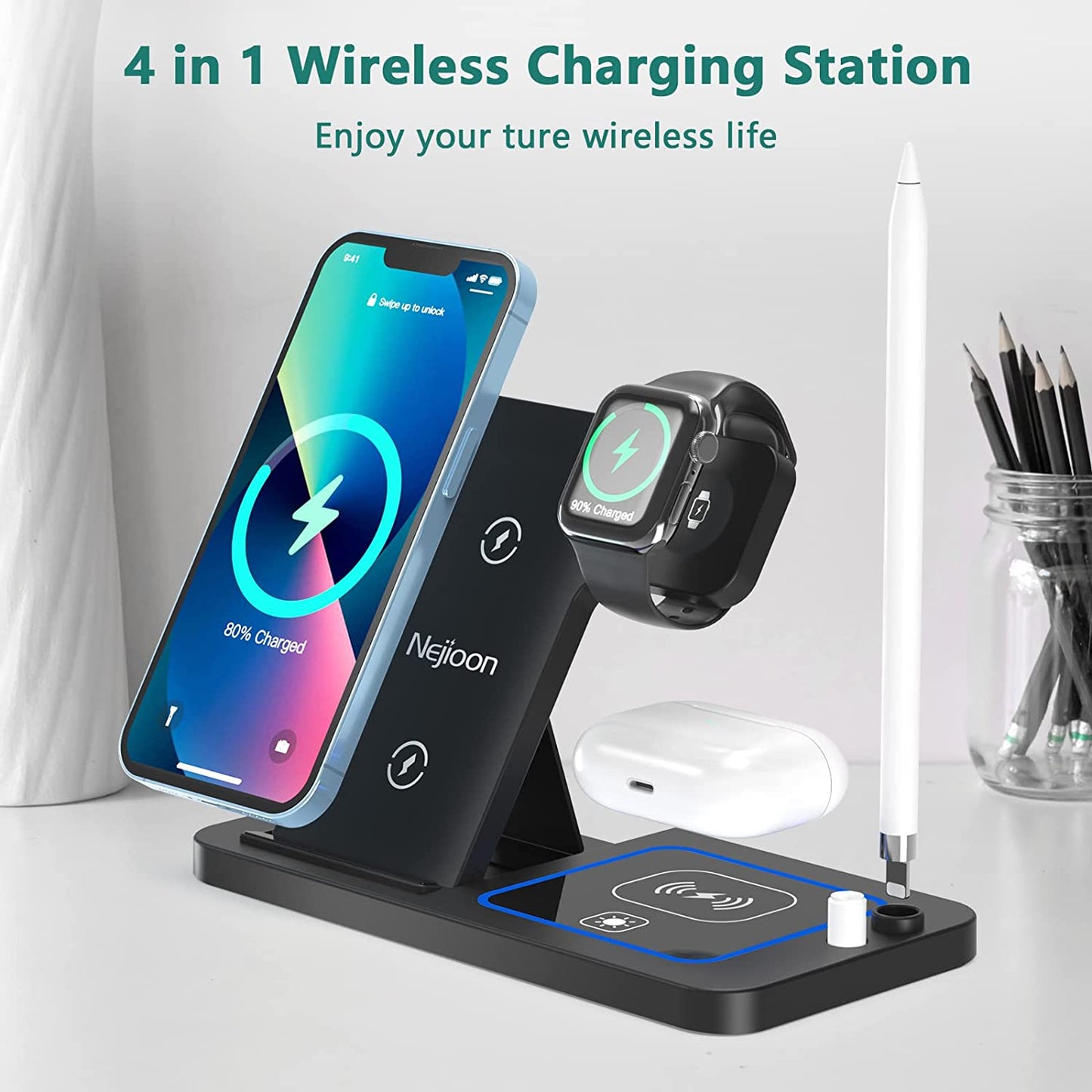 Wireless Charging Station for Apple Multiple Devices - 4 in 1 Charger Station Stand Dock for Apple Watch Series 7 6 SE 5 4 3 2 & Airpods Apple Pencil Iphone 13 12 11 Pro X XR 8 Iwatch with Adapter  Popveen   
