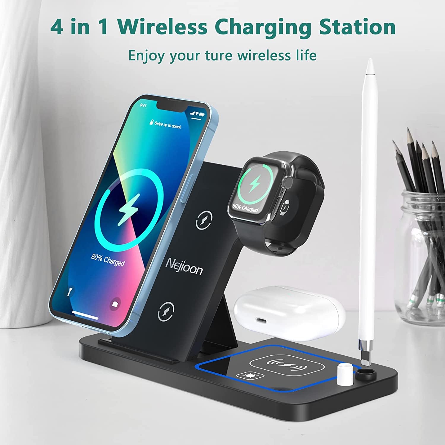 Wireless Charging Station for Apple Multiple Devices - 4 in 1 Charger Station Stand Dock for Apple Watch Series 7 6 SE 5 4 3 2 & Airpods Apple Pencil Iphone 13 12 11 Pro X XR 8 Iwatch with Adapter  Popveen   