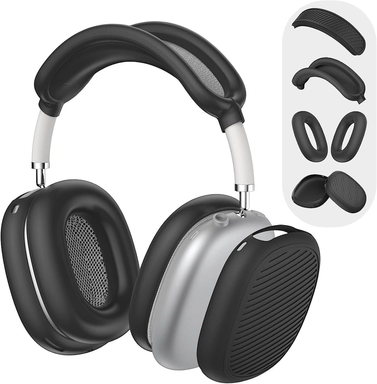 Woocon 4 Set Soft Silicone Case for Airpods Max Headhones, New Sweat Proof Earpad Cover/Ear Cover/Headband Cover/Headband Cushion Protector Accessories Design Unisex for Apple Airpods Max - Red  Woocon 4 set-Black  