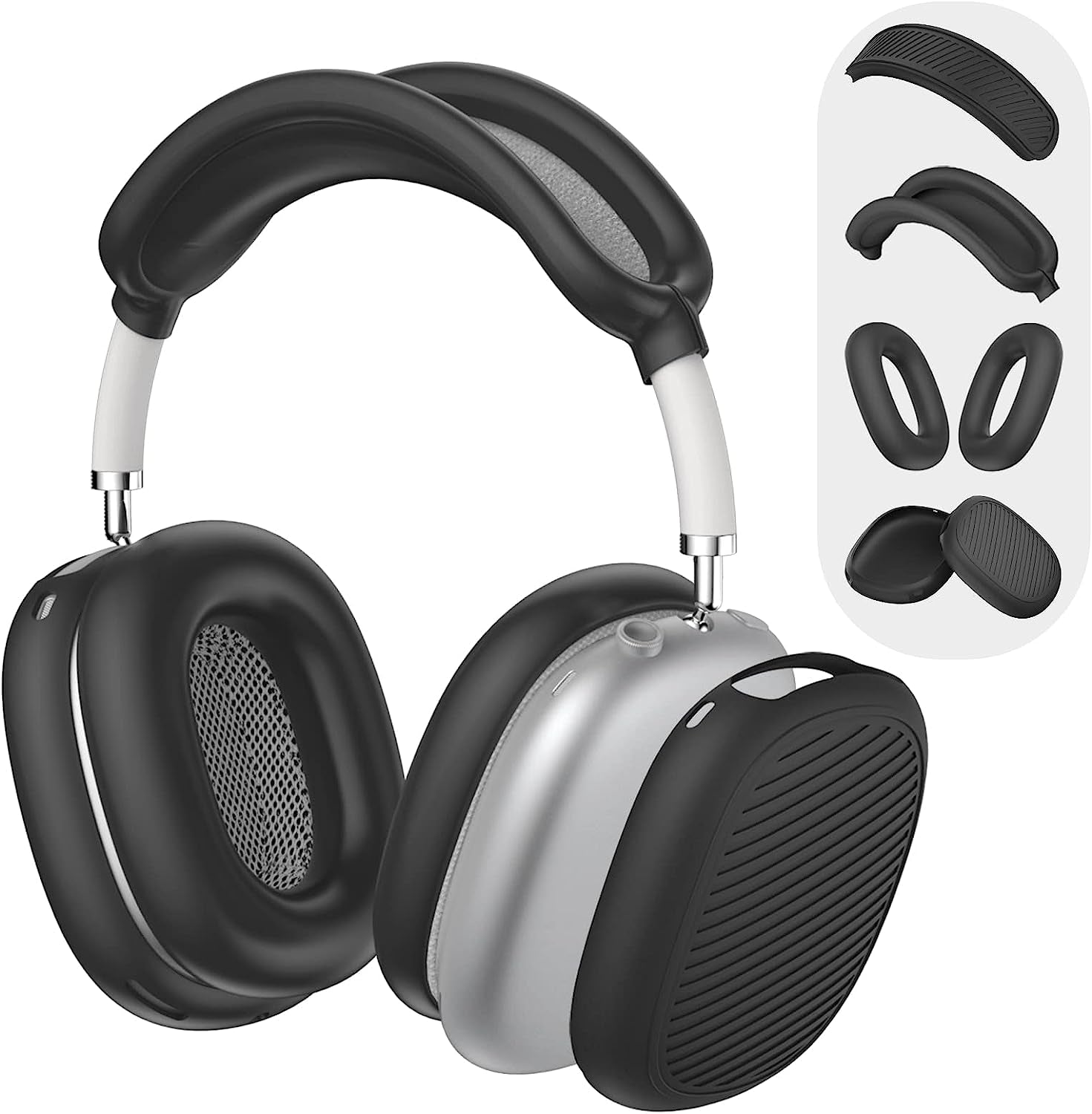 Woocon 4 Set Soft Silicone Case for Airpods Max Headhones, New Sweat Proof Earpad Cover/Ear Cover/Headband Cover/Headband Cushion Protector Accessories Design Unisex for Apple Airpods Max - Red  Woocon 4 set-Black  