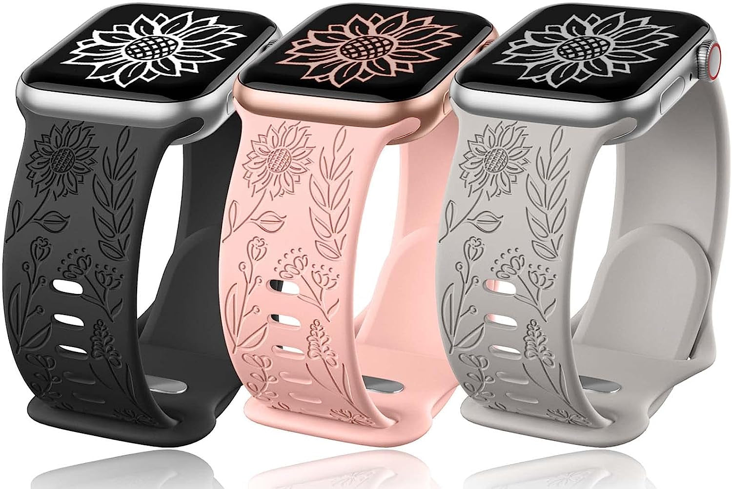 3 Pack Sunflower Engraved Bands Compatible with Apple Watch Band 38Mm 40Mm 41Mm 42Mm 44Mm 45Mm 49Mm Women Girl, Flower Silicone Wrist Bands Strap Compatible with Iwatch Series 8 7 6 5 4 3 2 1 SE Ultra  SNBLK Black/Grey/Pink 42mm/44mm/45mm 