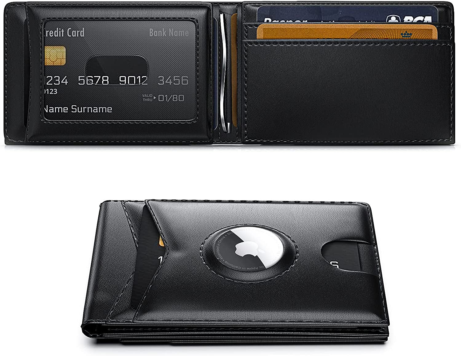 GIPUSSON Slim Leather Wallet for Men Airtag Hidden,Large Bifold Mens Wallet RFID Blocking with ID Windows,Credit Card Holder for Men Wallet  GIPUSSON 8002-B-Black-2  