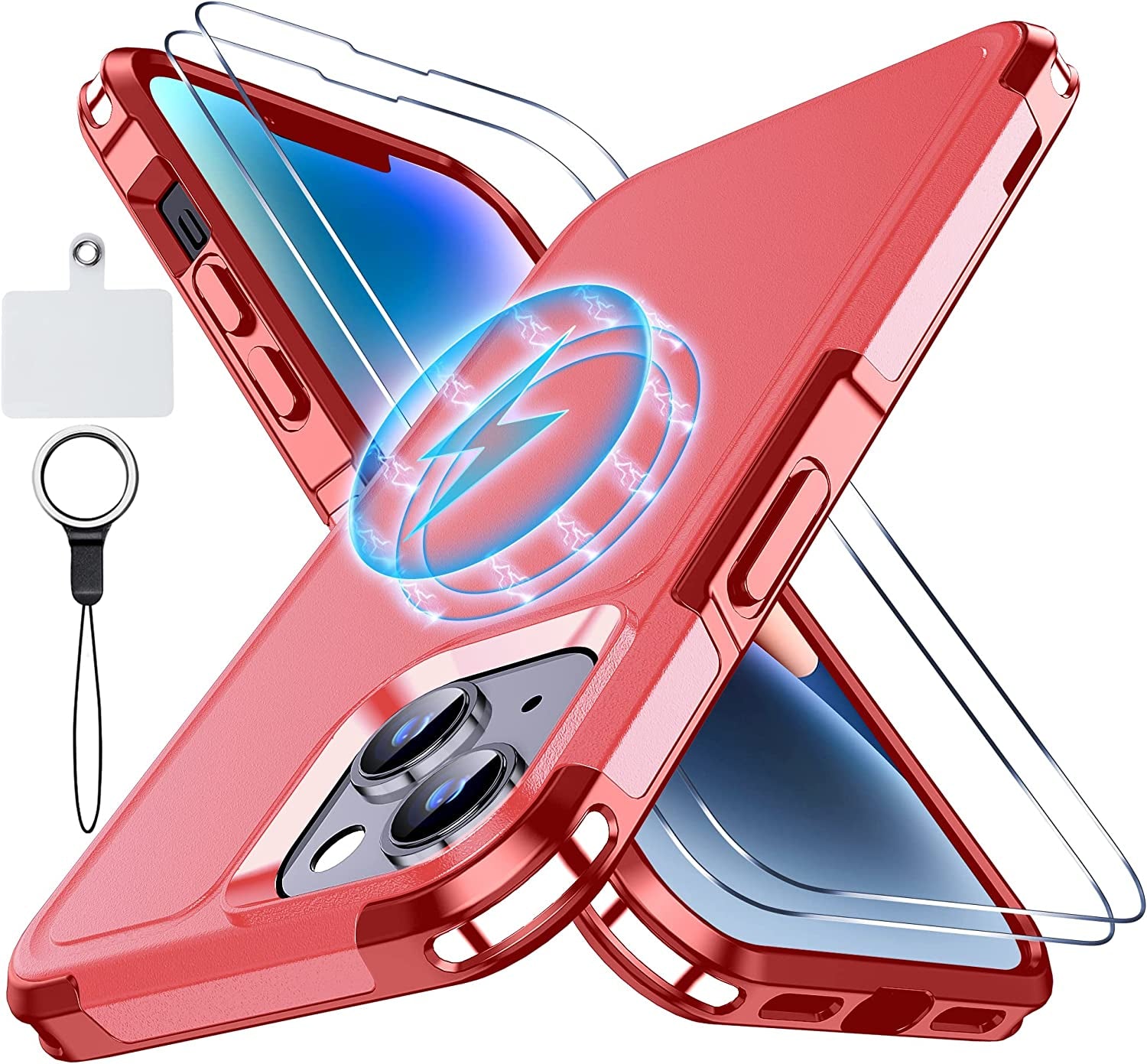 MOZOTER 6-In-1 Magnetic for Iphone 13 Case & Iphone 14 Case,[Compatible with Magsafe] [Anti Yellowing] [Glass Screen Protectors] Slim Shockproof for Iphone 13/14 Phone Case 6.1 Inch-Clear  MOZOTER Red  