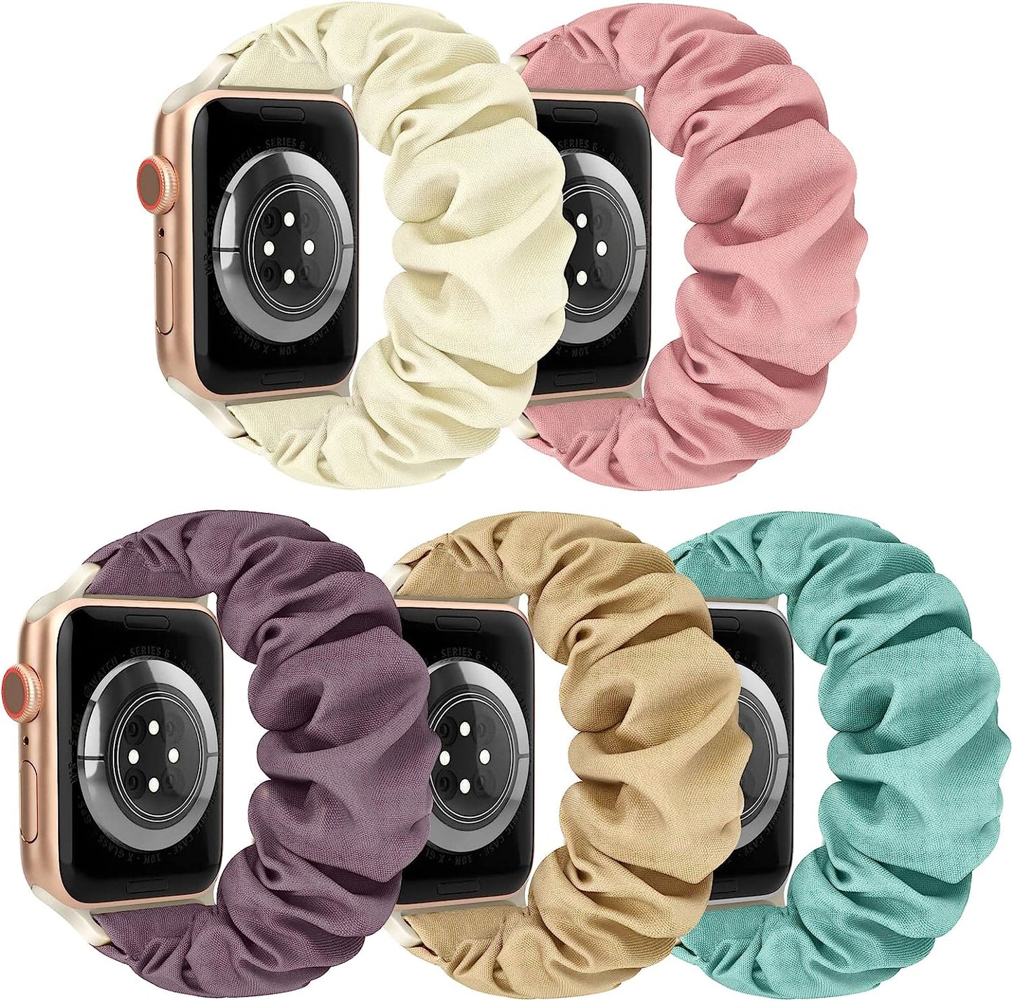 Scrunchie Watch Bands for Women Compatible with Apple Watch 38Mm 40Mm 41Mm 42Mm 44Mm 45Mm, Elastic Scrunchy Replacement Band Soft Stretchy Band for Iwatch Series 7/6/5/4/3/2/1/SE  DKGKOO F(Nude Pink/Starlight/Cactus/Smoke Violet/Milk Tea) 42mm/44mm/45mm Small-Size 