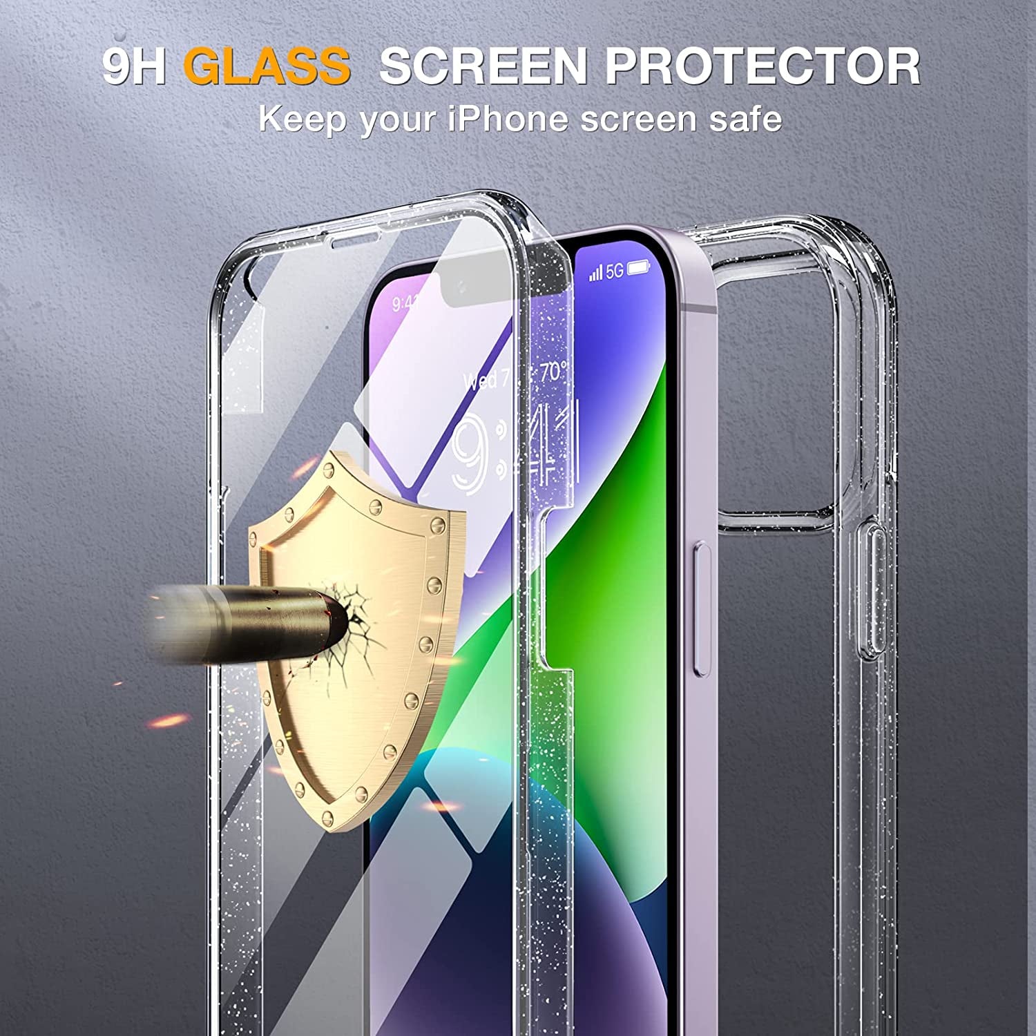Miracase Glass Series Designed for Iphone 14 Case 6.1 Inch, 2023 Upgrade Full-Body Clear Bumper Case with Built-In 9H Tempered Glass Screen Protector and 2 Pcs Camera Lens Protector,Clear Glitter  Miracase   