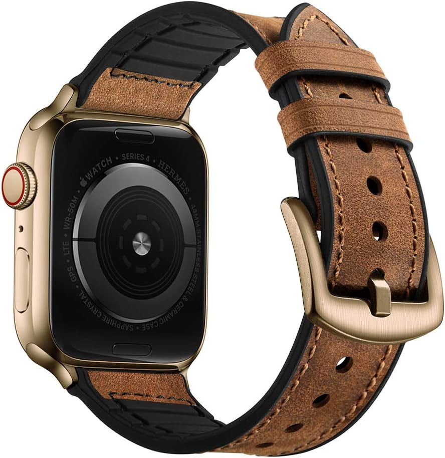 OUHENG Compatible with Apple Watch Band 49Mm 45Mm 44Mm 42Mm, Sweatproof Genuine Leather and Rubber Hybrid Band Strap for Iwatch Ultra Series 8 7 6 5 4 3 2 1 SE2 SE, Brown Band with Black Adapter  OUHENG Brown/Bronze Gold 49mm/45mm/44mm/42mm 