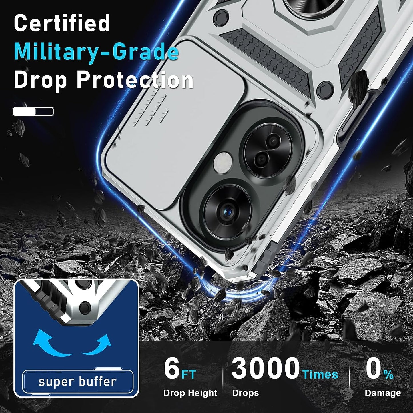 Janmitta Oneplus Nord N30 5G Case Built in Slide Camera Lens Cover+Screen Protector+Finger Ring Holder Kickstand,Heavy Duty Shockproof Full Body Protective Phone Cover,2023 Silver  Janmitta   