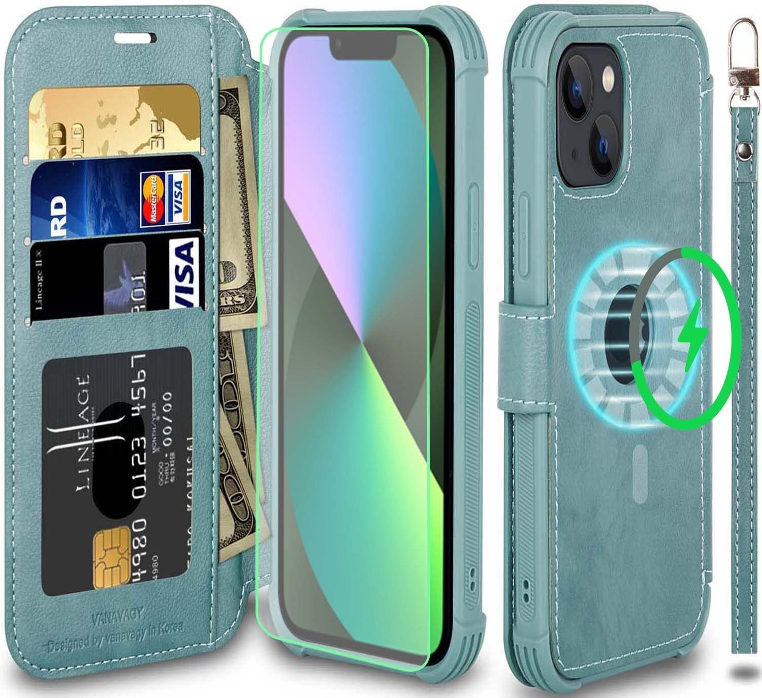 VANAVAGY Iphone 13 Mini Wallet Case Magsafe,Leather Flip Folio Phone Cover Supports Magsafe and Wireless Charging with RFID Block Card Holder and Wrist Strap,Forest Green  VANAVAGY   