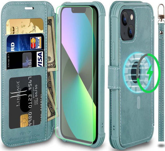 VANAVAGY Iphone 13 Mini Wallet Case Magsafe,Leather Flip Folio Phone Cover Supports Magsafe and Wireless Charging with RFID Block Card Holder and Wrist Strap,Forest Green  VANAVAGY   