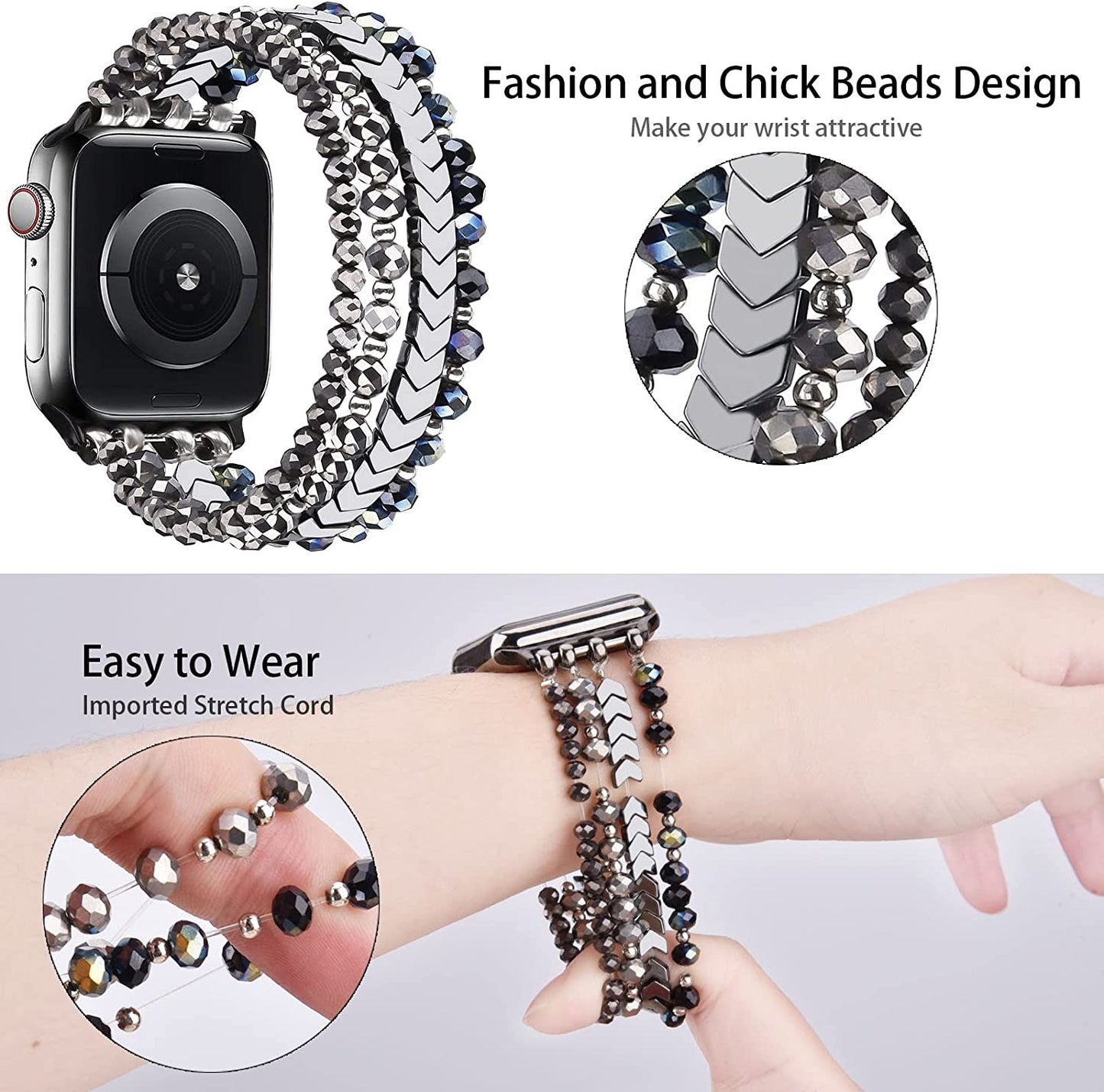 MOFREE Beaded Bracelet Compatible for Apple Watch Band 38Mm 40Mm 41Mm 42Mm 44Mm 45Mm Women,Fashion Handmade Elastic Stretch Strap for Iwatch Series SE 8 7 6 5 4 3 2 1  MOFREE   