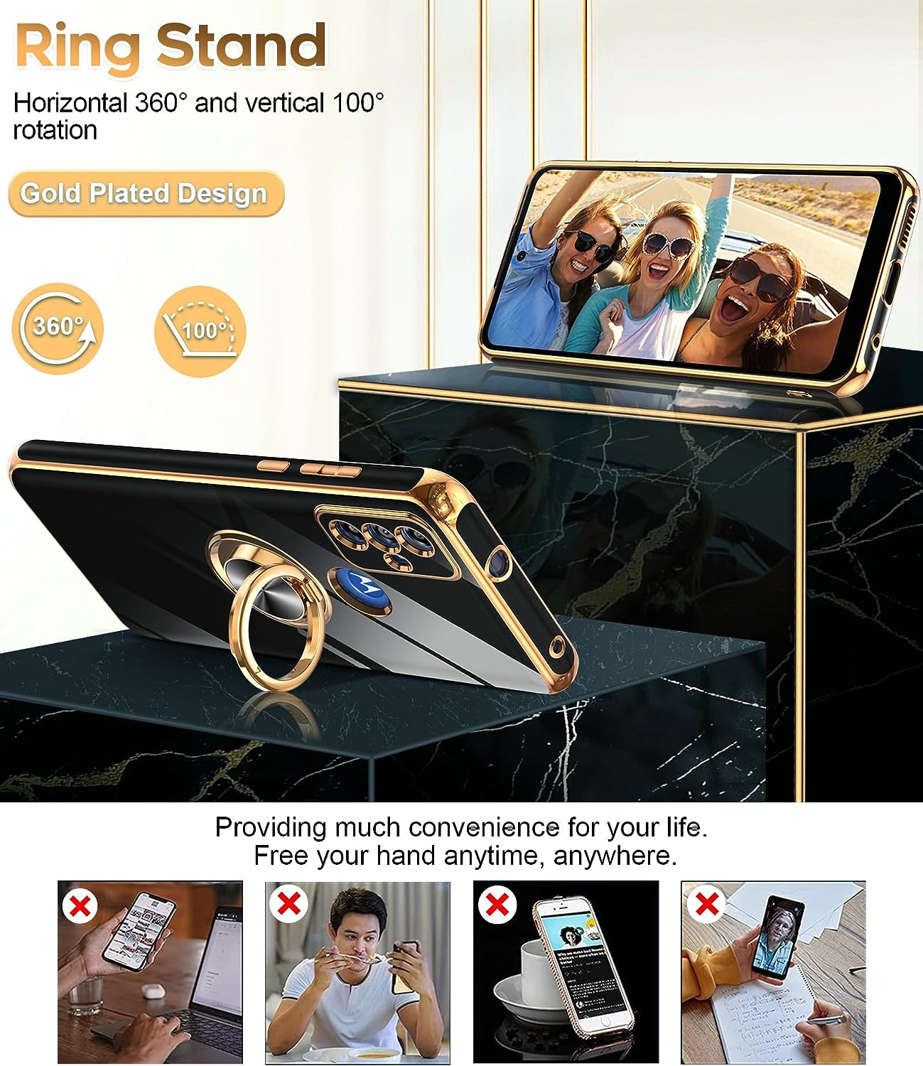 Leyi for Moto G Play 2023 Phone Case: with Tempered Glass Screen Protector [2 Pack] 360° Rotatable Ring Holder Magnetic Kickstand, Plating Rose Gold Edge Protective Case, Black  LeYi   