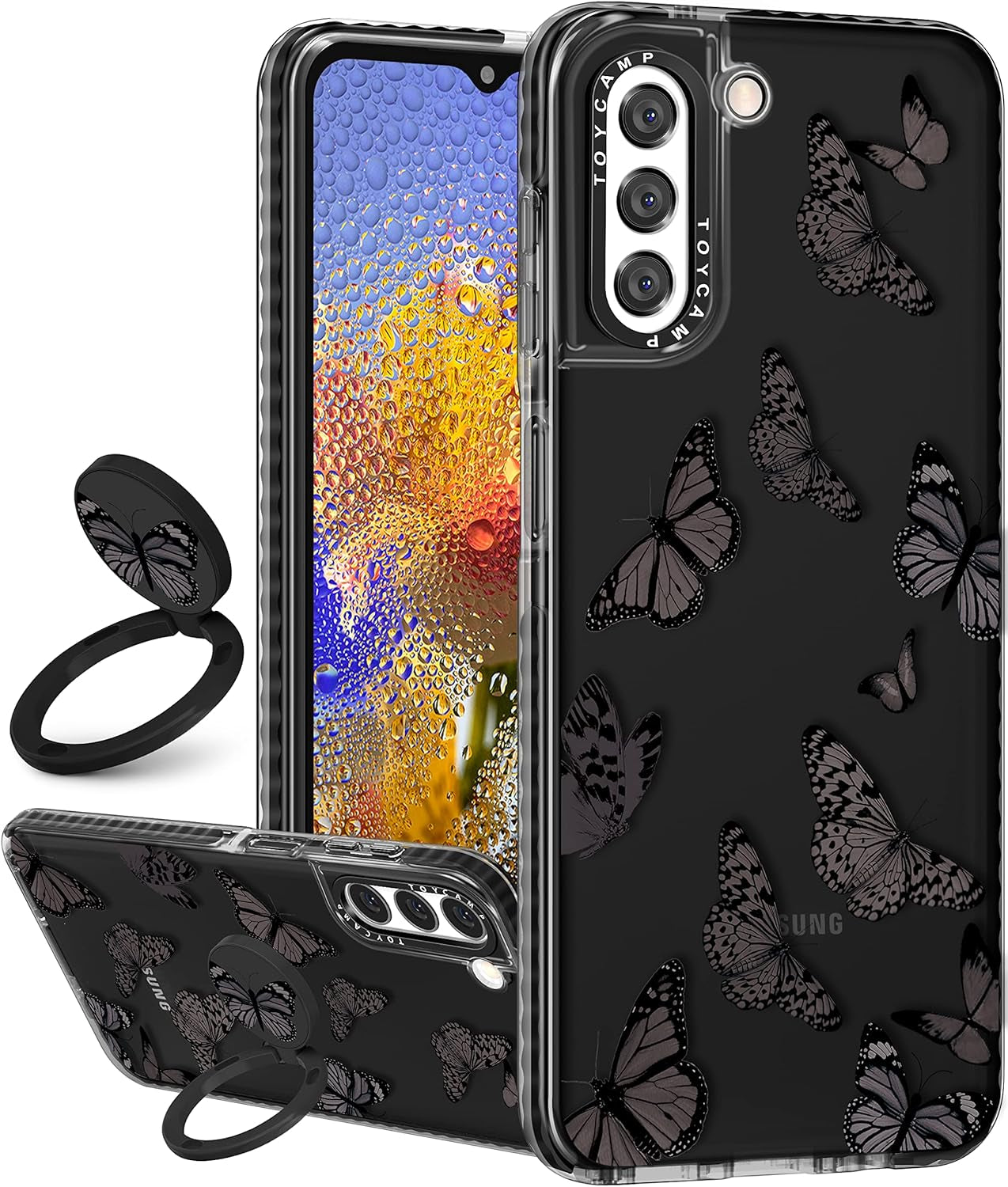Toycamp for Samsung Galaxy S22 Case for Women, Colorful Butterfly Cute Girly Print Design for Girls Teens Case with Ring Kickstand (6.1 Inch), Black  Toycamp Black Butterflies  