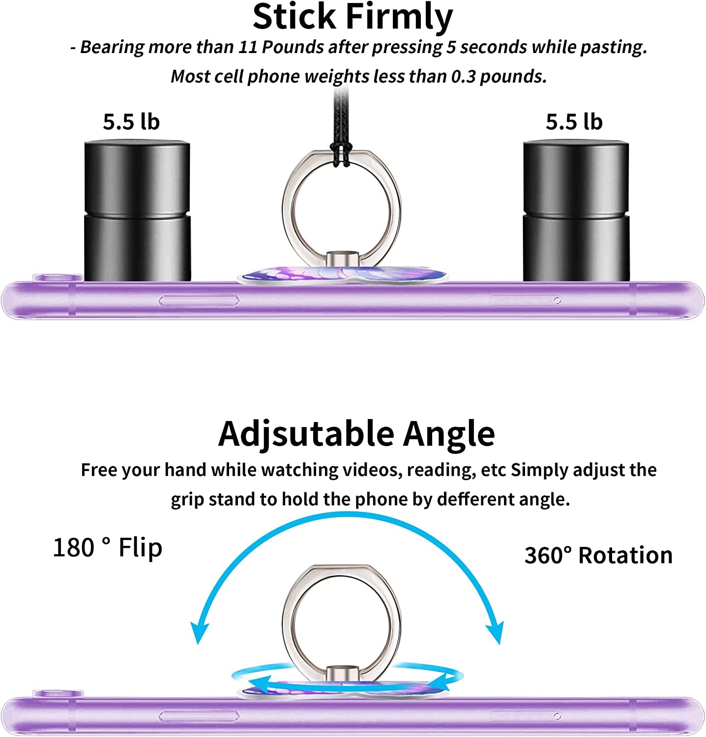 TACOMEGE Purple Metal Cell Phone Ring Butterfly Holder, Finger Kickstand Back Stand Hand Grip Compatible with Smartphone, Tablet, E-Reader, Etc.  TACOMEGE   