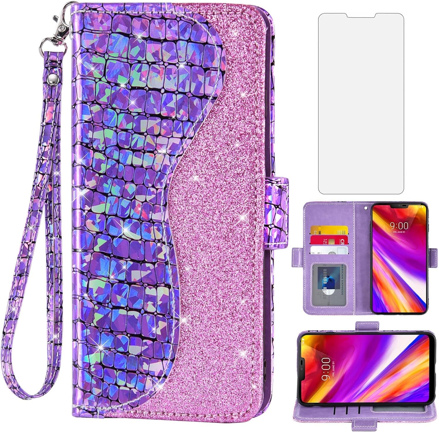 Asuwish Phone Case for LG G7 Thinq Wallet Cover with Screen Protector and Flip Card Holder Bling Glitter Cell LGG7 One G 7 plus LG7 Fit Lg7Thinq 7G Thin Q G7+ G7Thinq Lgg7Thinq Women Girls Silver  Asuwish Purple  
