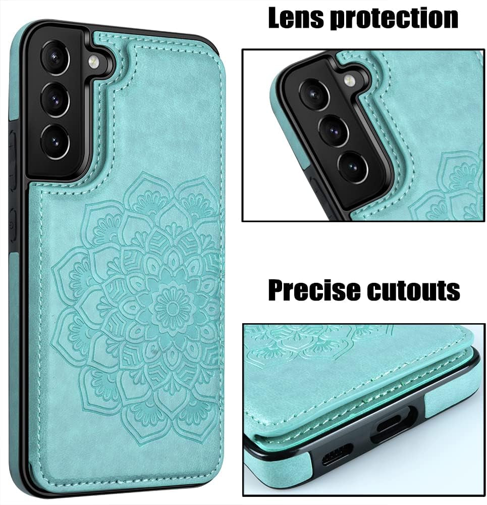 MMHUO for Samsung Galaxy S22 Case with Card Holder,Flower Magnetic Back Flip Case for Samsung Galaxy S22 Wallet Case for Women,Protective Case Phone Case for Samsung Galaxy S22 5G (2022),Mint  MMHUO   