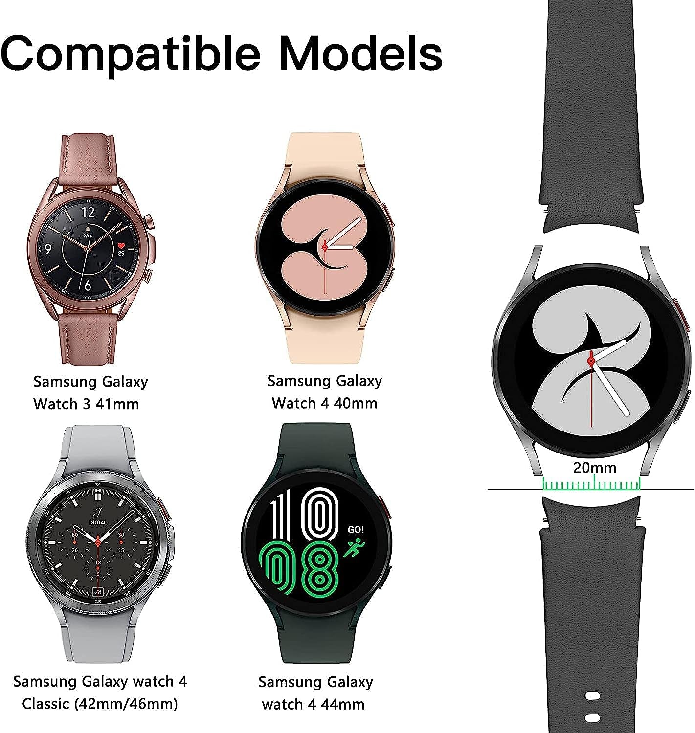 Genuine Leather Bands Compatible for Samsung Galaxy Watch 4 Band 40Mm 44Mm,20Mm Adjustable Sport Replacement Watch Band Straps for Galaxy Watch 4 Classic Band 42Mm 46Mm Women Men  通用   