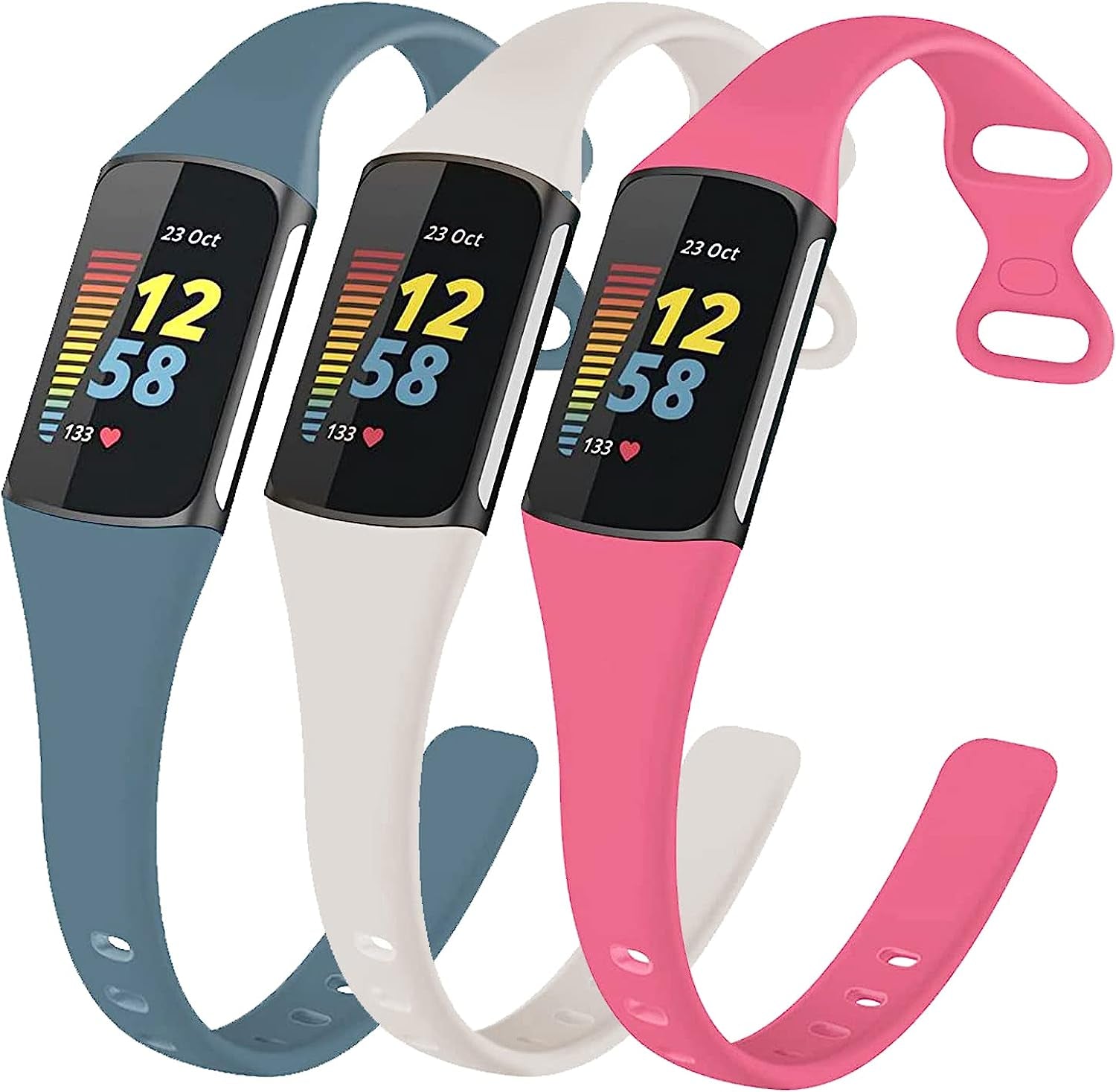 3 Pack Bands for Fitbit Charge 5，Soft Silicone Adjustable Sport Band Replacement Wristbands for Fitbit Charge 5 Fitness Tracker  SENGKOB Official white+official red+official blue  