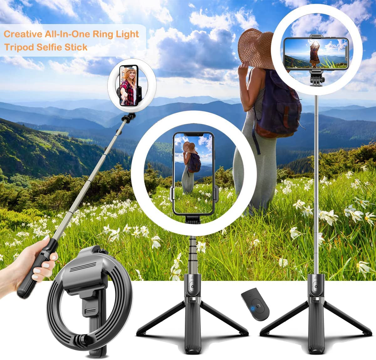 Selfie Stick with 6" Ring Light, Tripod and Phone Holder,3 in 1 Portable LED Fill Light Selfie Stick Tripod Remote Control,Dimmable 3 Colors for Youtube Videos Tiktok Live Stream Make-Up  Amailtom   
