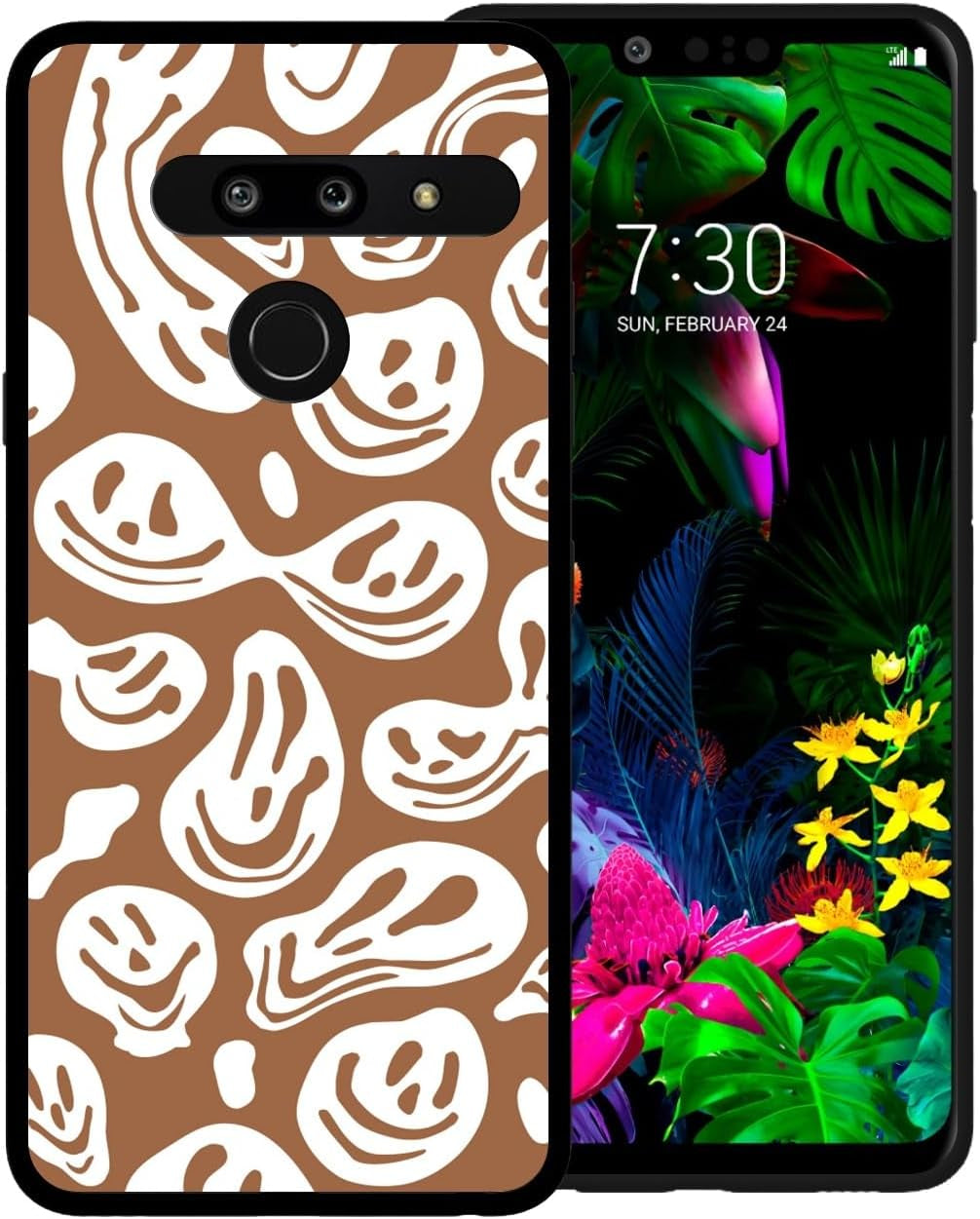 Zaztify Phone Case for LG G8 Thinq, Pastel Pink White Funny Trippy Dripping Smile Melted Hippie Smiling Skull Ghost Face Shockproof Protective Cover Shell  zaztify Brown White Trippy Face  