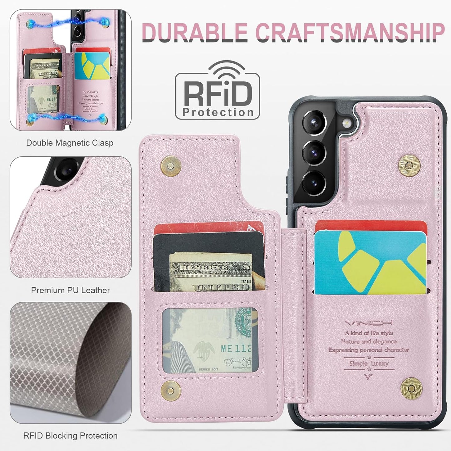 Vinich Samsung Galaxy S21 Case with Card Holder, Samsung S21 Wallet Case for Women Men with RFID Blocking, Durable Leather Kickstand Shockproof Flip Phone Case for Galaxy S21 5G, Rose Gold  Vinich   