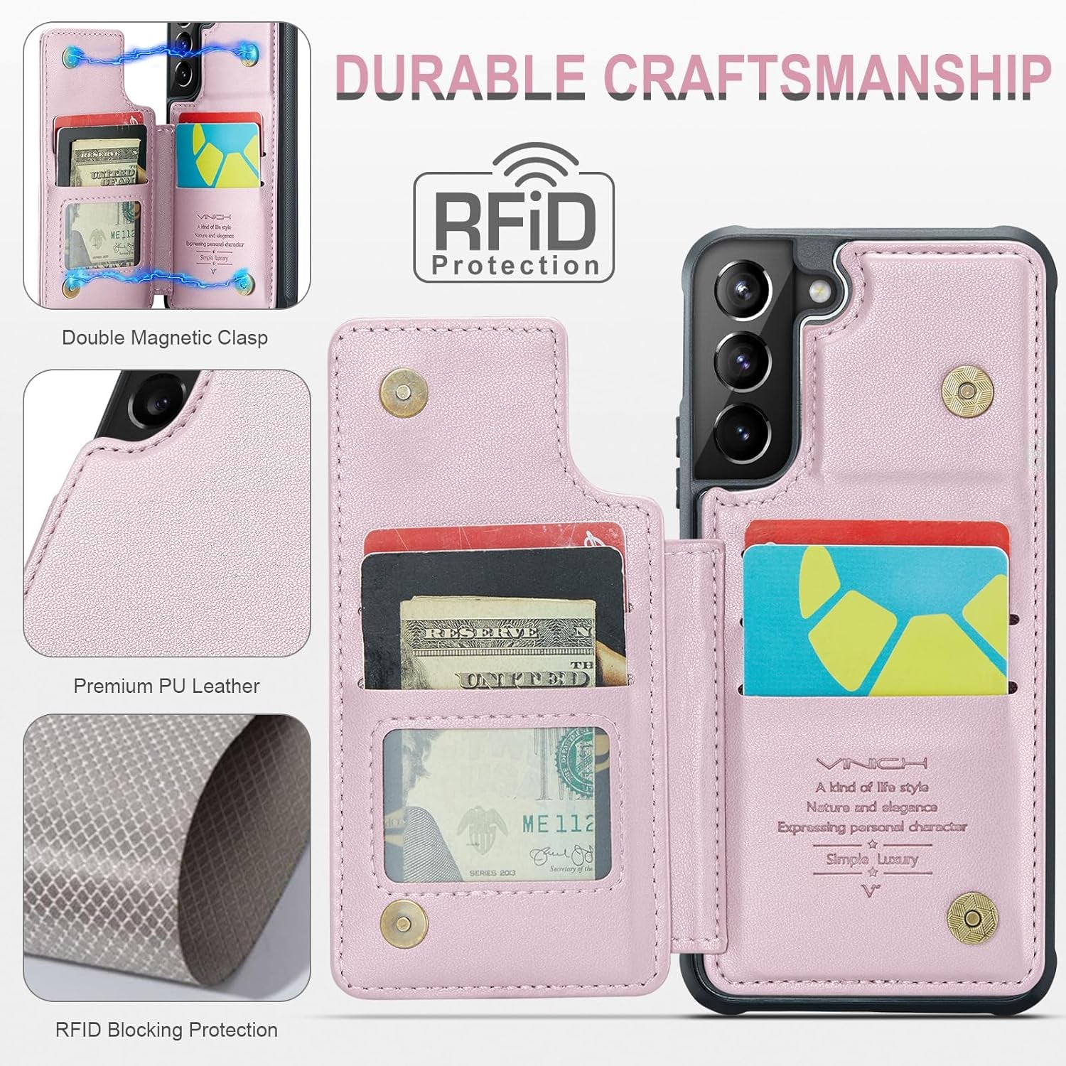 Vinich Samsung Galaxy S21 Case with Card Holder, Samsung S21 Wallet Case for Women Men with RFID Blocking, Durable Leather Kickstand Shockproof Flip Phone Case for Galaxy S21 5G, Rose Gold  Vinich   