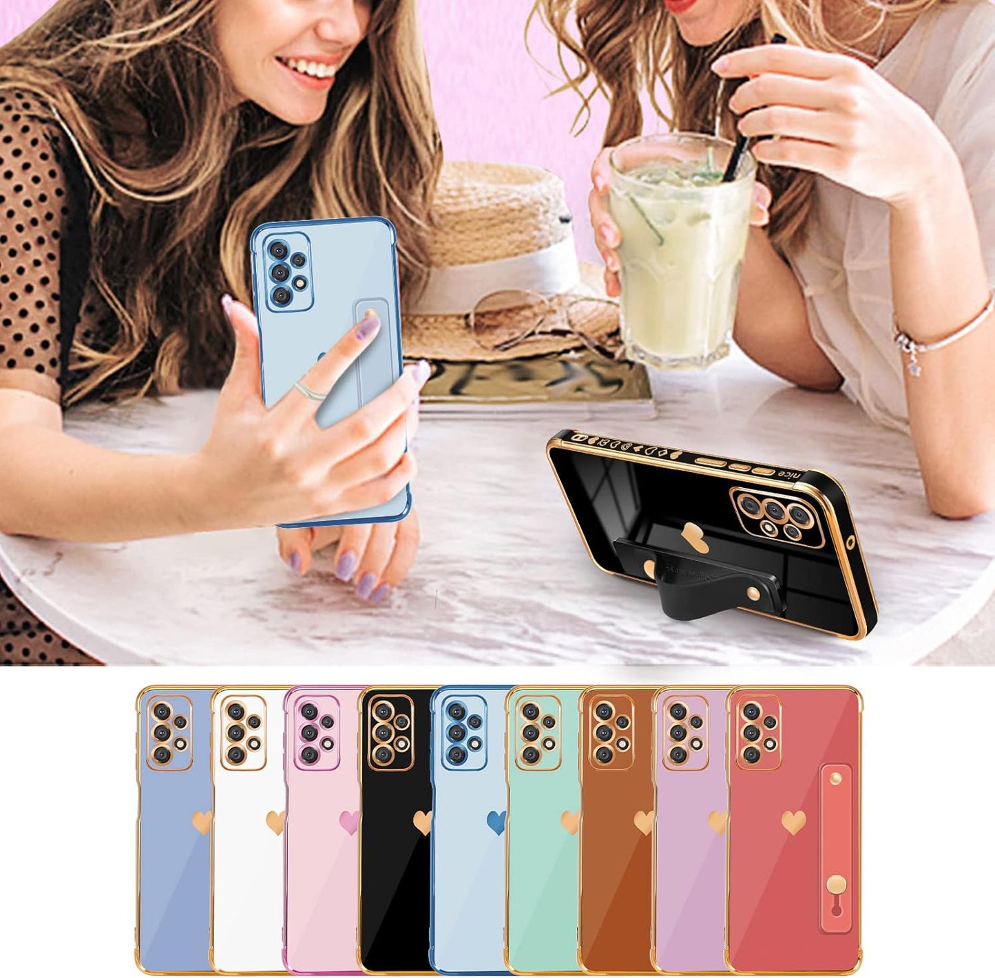 Likiyami (3In1 for Samsung Galaxy A53 5G Case Heart Women Girls Cute Girly Aesthetic Trendy Luxury Pretty with Loop Phone Cases Blue and Gold Plating Love Hearts Cover+Screen+Chain for A53 5G -6.5''  Likiyami   