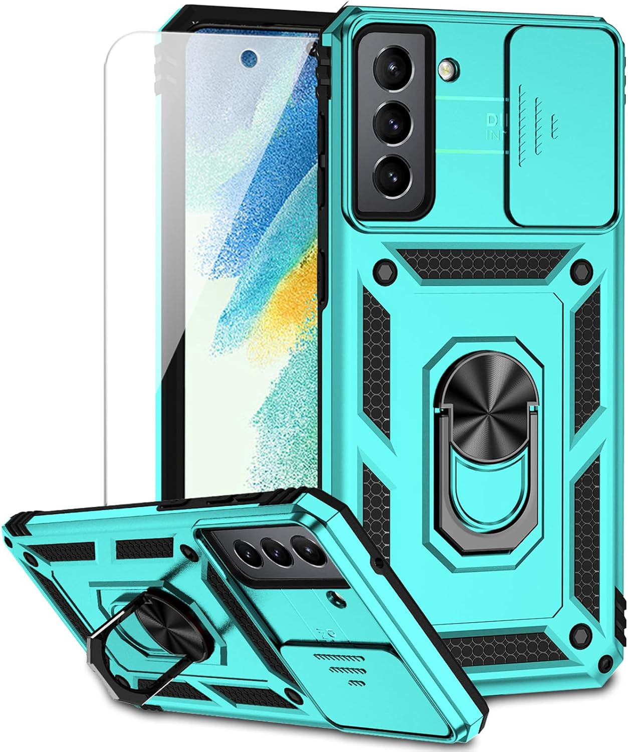 For Samsung Galaxy S21 FE 5G Case with Camera Lens Cover HD Screen Protector, Military-Grade Drop Tested Magnetic Ring Holder Kickstand Protective Phone Case for Samsung Galaxy S21 FE 5G (Dark Green)  JINZHI Inc Mint With Camera Cover Military-Grade 2Nd Gen  