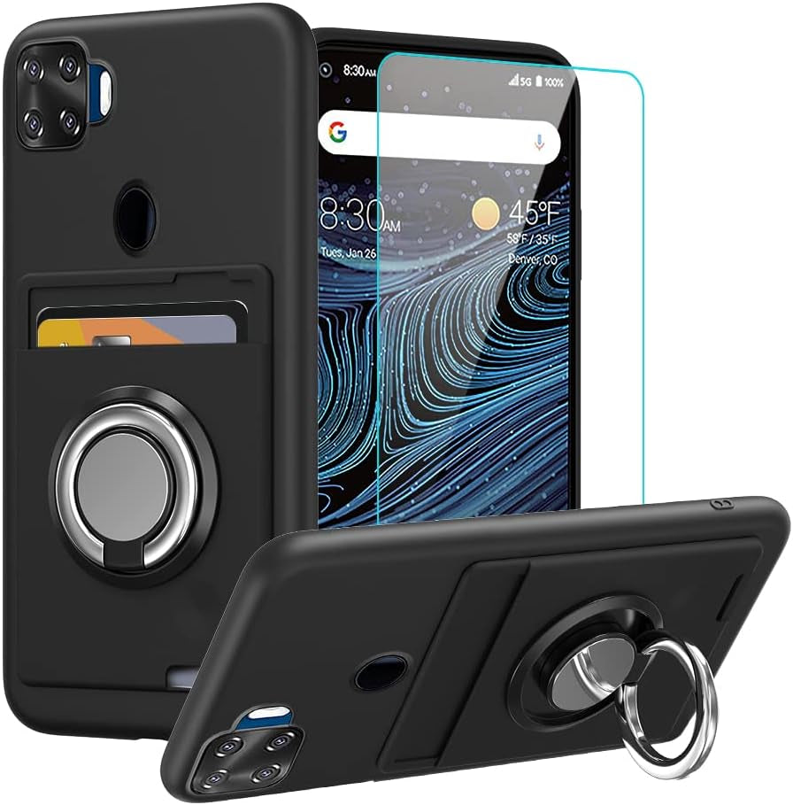 Anneey for Oneplus 11 5G Phone Case with Tempered Glass Screen Protector, Card Holder with Ring Stand Case for 1+ 11 5G Cover - Black  Anneey   