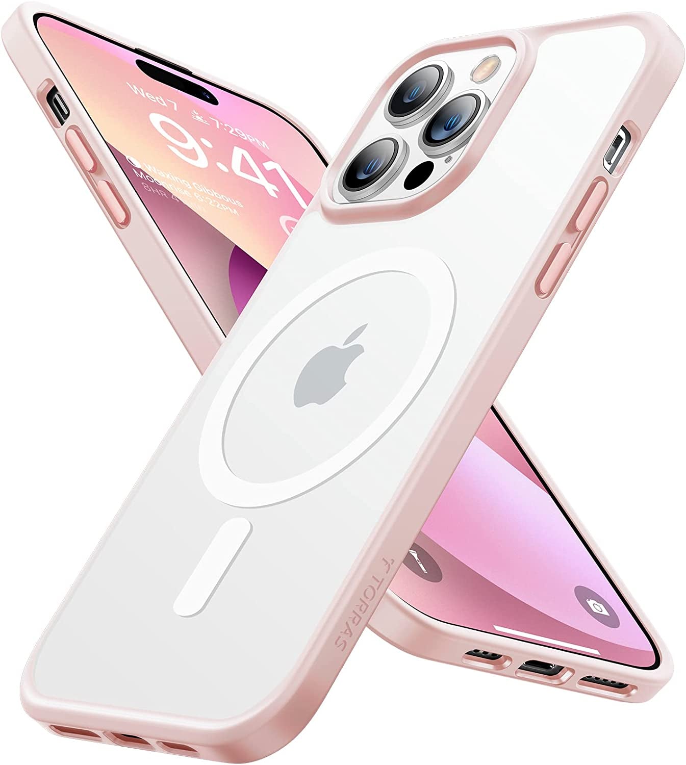 TORRAS Magnetic Designed for Iphone 14 Pro Case, Military Grade Drop Tested, Compatible with Magsafe, Slim Protective Matte Silicone for Iphone 14 Pro Phone Case, 6.1", Translucent Back/Blue Edge  TORRAS F Translucent Back  Pink Edge  