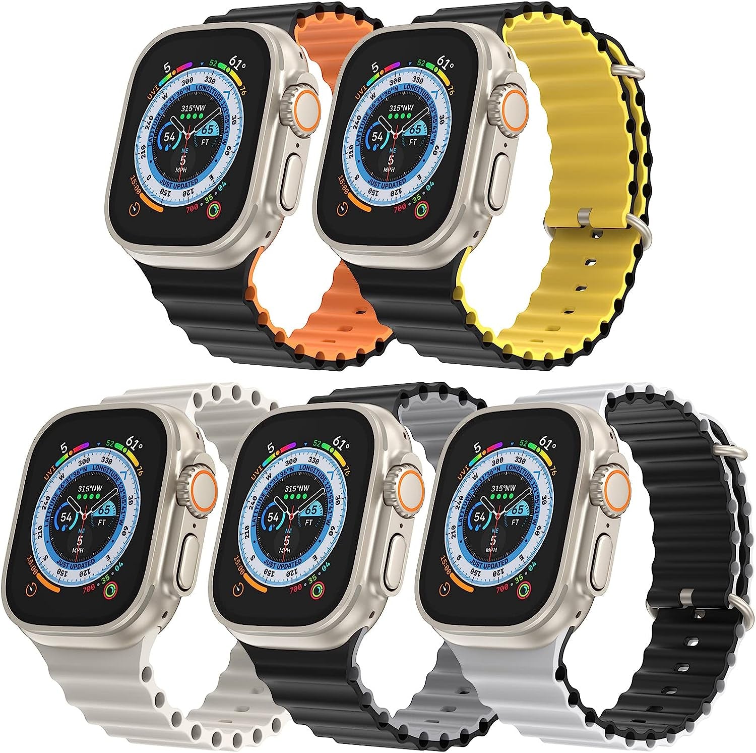 5 Pack Ocean Ultra Band Compatible for Apple Watch Band 49Mm 44Mm 45Mm, Soft Silicone Adjustable Loop Titanium Buckle Sport Strap for Iwatch Series Ultra SE 8 7 6 5 4 3 2 Women Men  OWUSHEE   