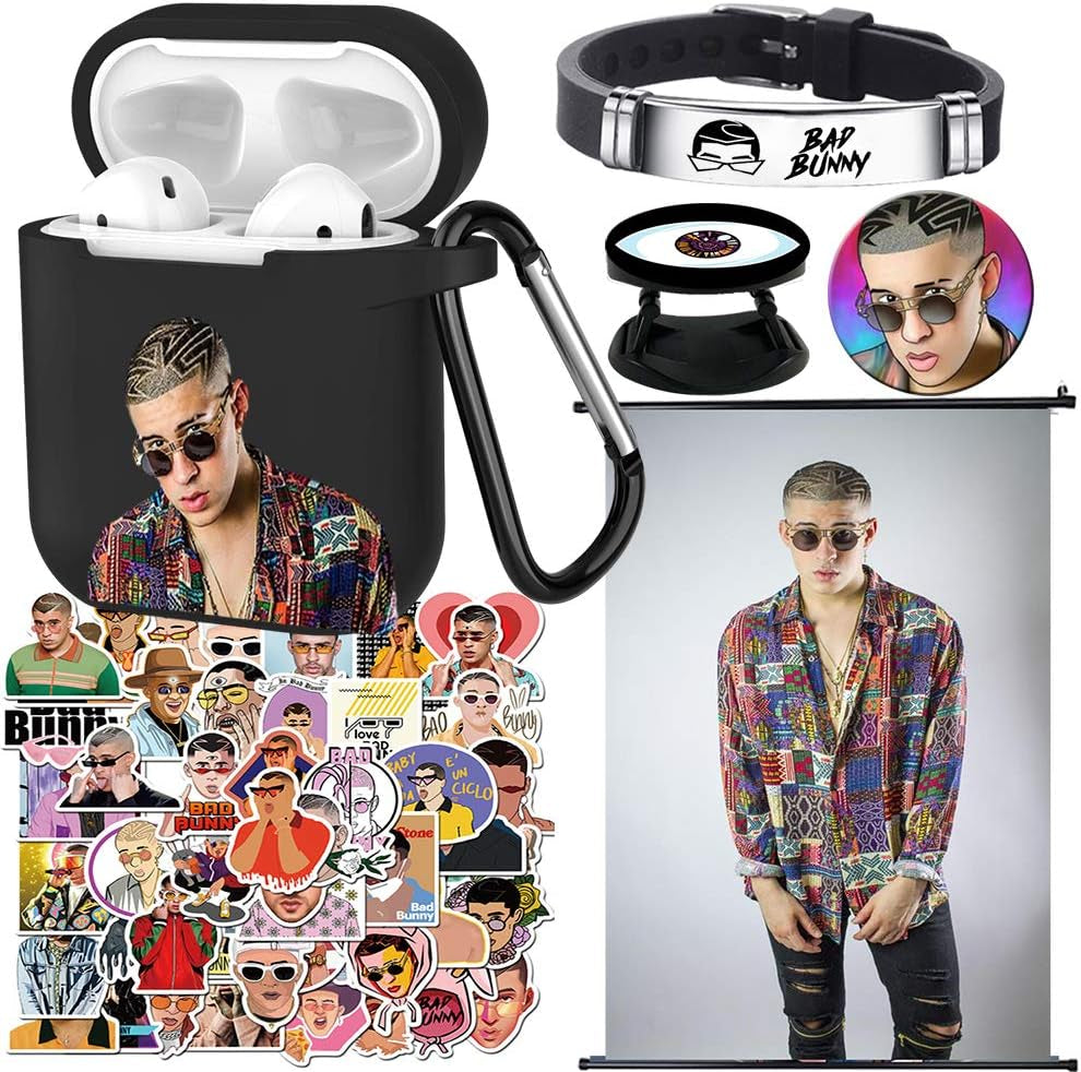 ADFER Bad Bunny 50 Pcs Stickers Bracelet Poster Phone Holder Lomo Cards Button Face Mouth Covers Necklace Compatible with Airpods 1&2/Airpods Pro/3 (1&2, Yellow)  ADFER Black 1&2 